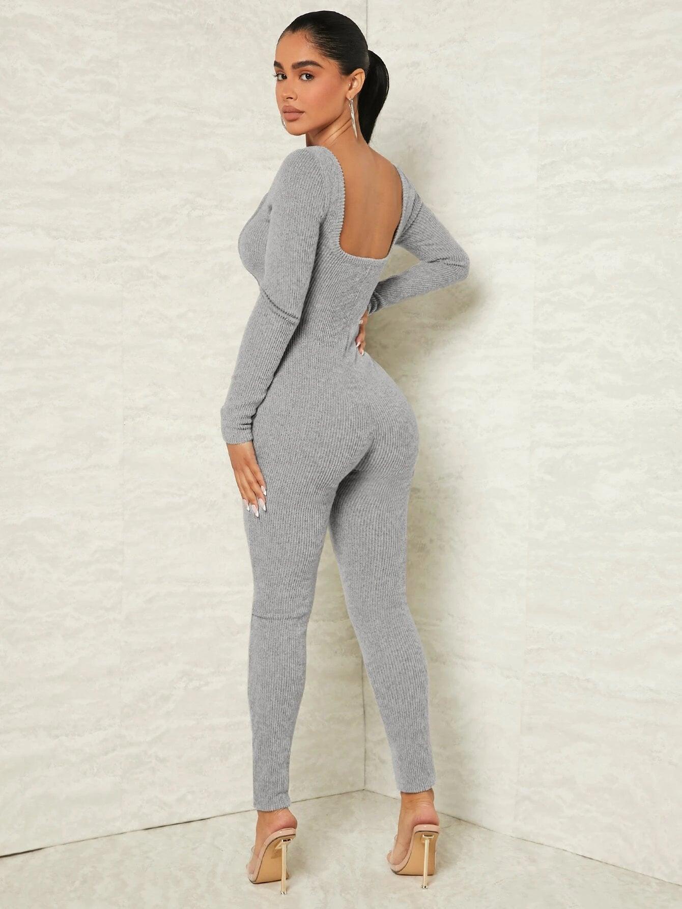 Scoop Neck Rib Knit Unitard Jumpsuit-Comfy Jumpsuits