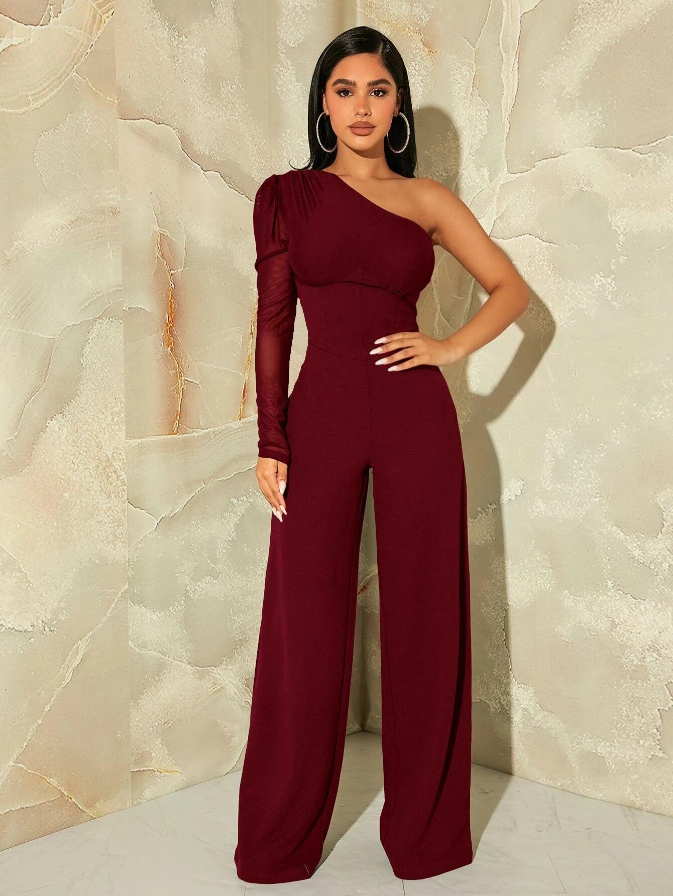 One Shoulder Contrast Mesh Puff Sleeve Jumpsuit-Comfy Jumpsuits