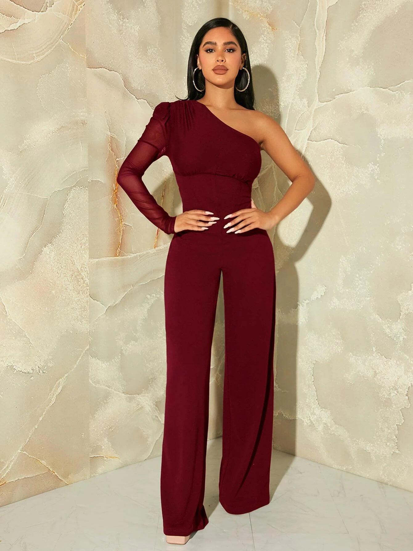 One Shoulder Contrast Mesh Puff Sleeve Jumpsuit-Comfy Jumpsuits