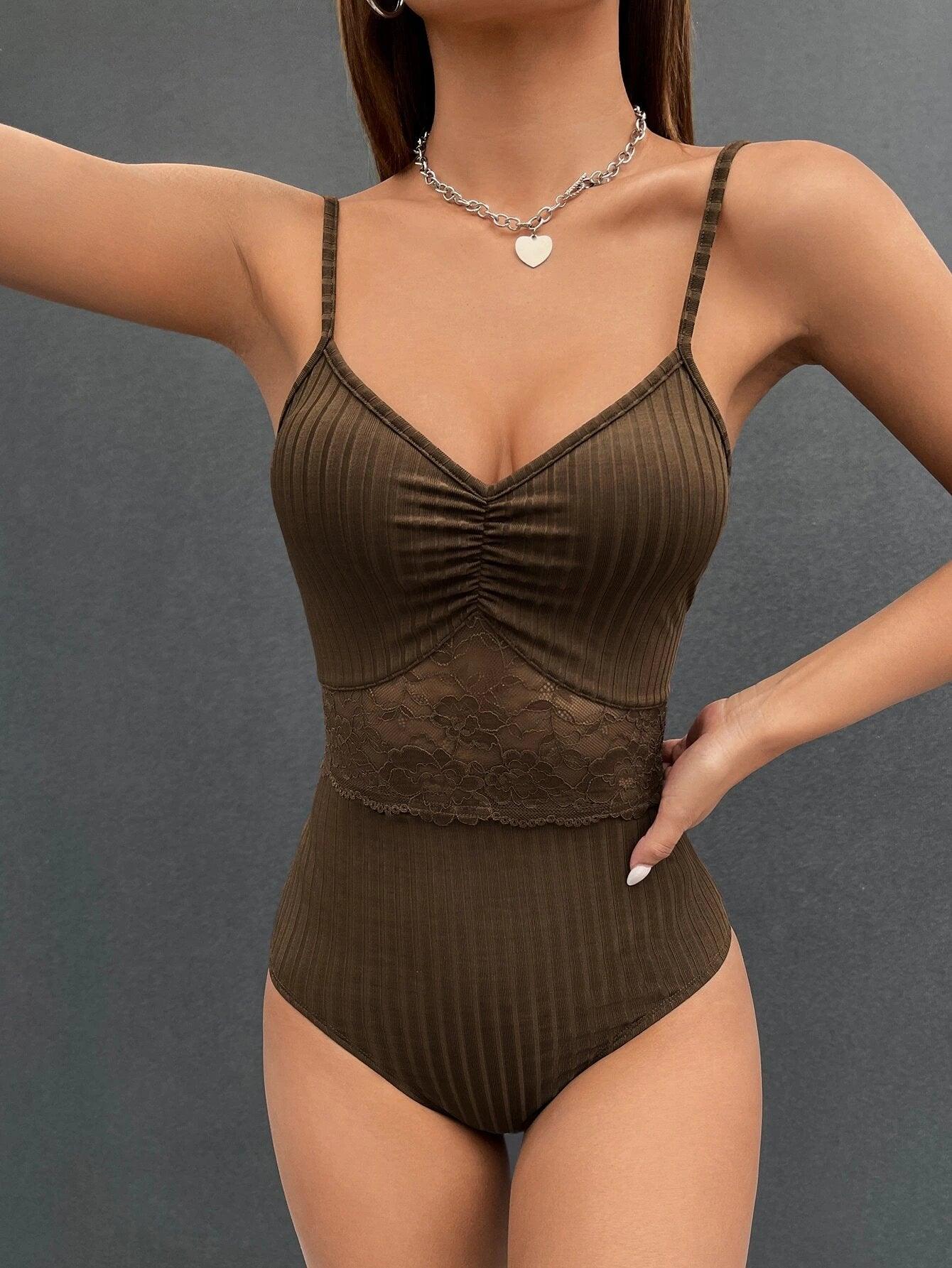 Contrast Lace Ruched Cami Bodysuit-Comfy Jumpsuits