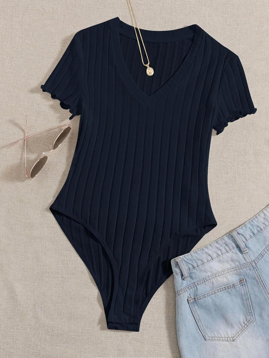 Casual Lettuce Trim Rib Knit Bodysuit-Comfy Jumpsuits