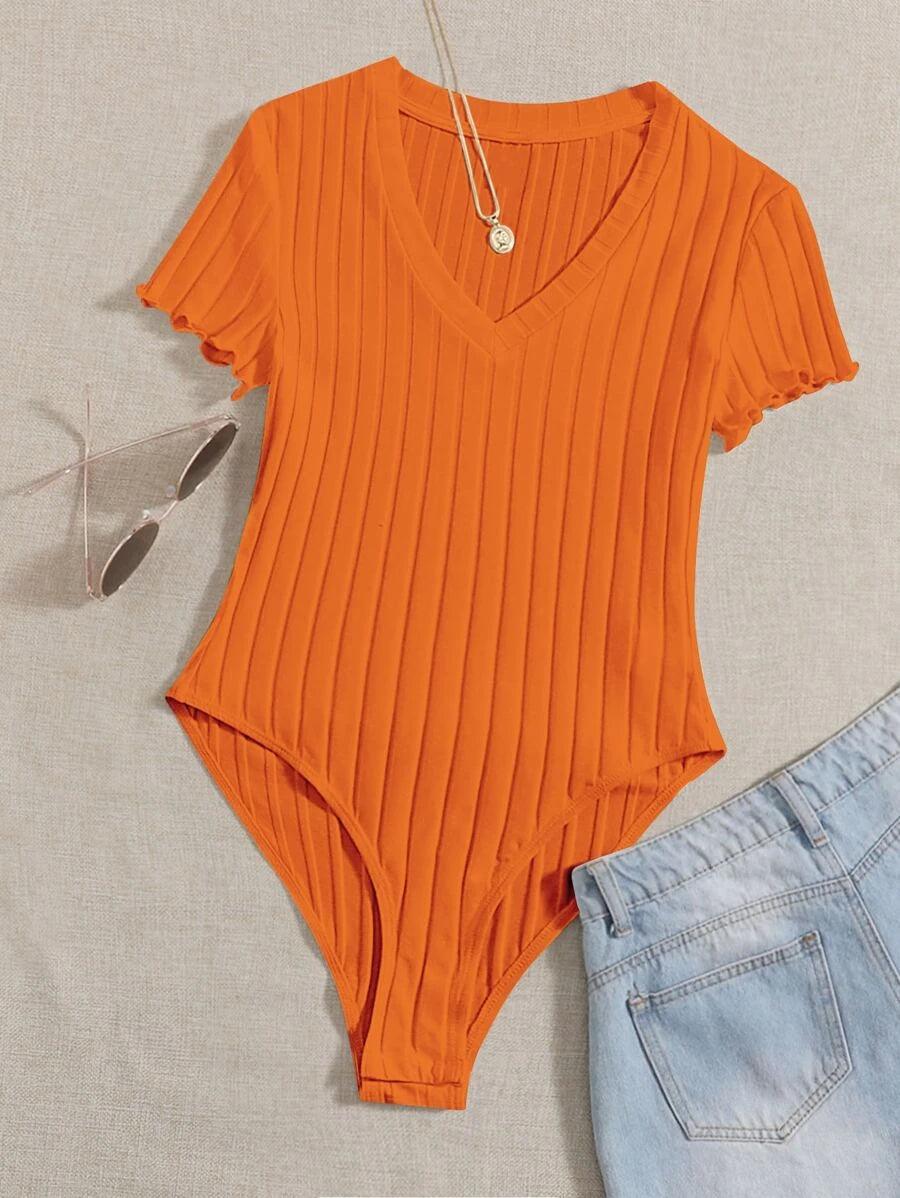 Lettuce Trim Rib Knit Bodysuit-Comfy Jumpsuits