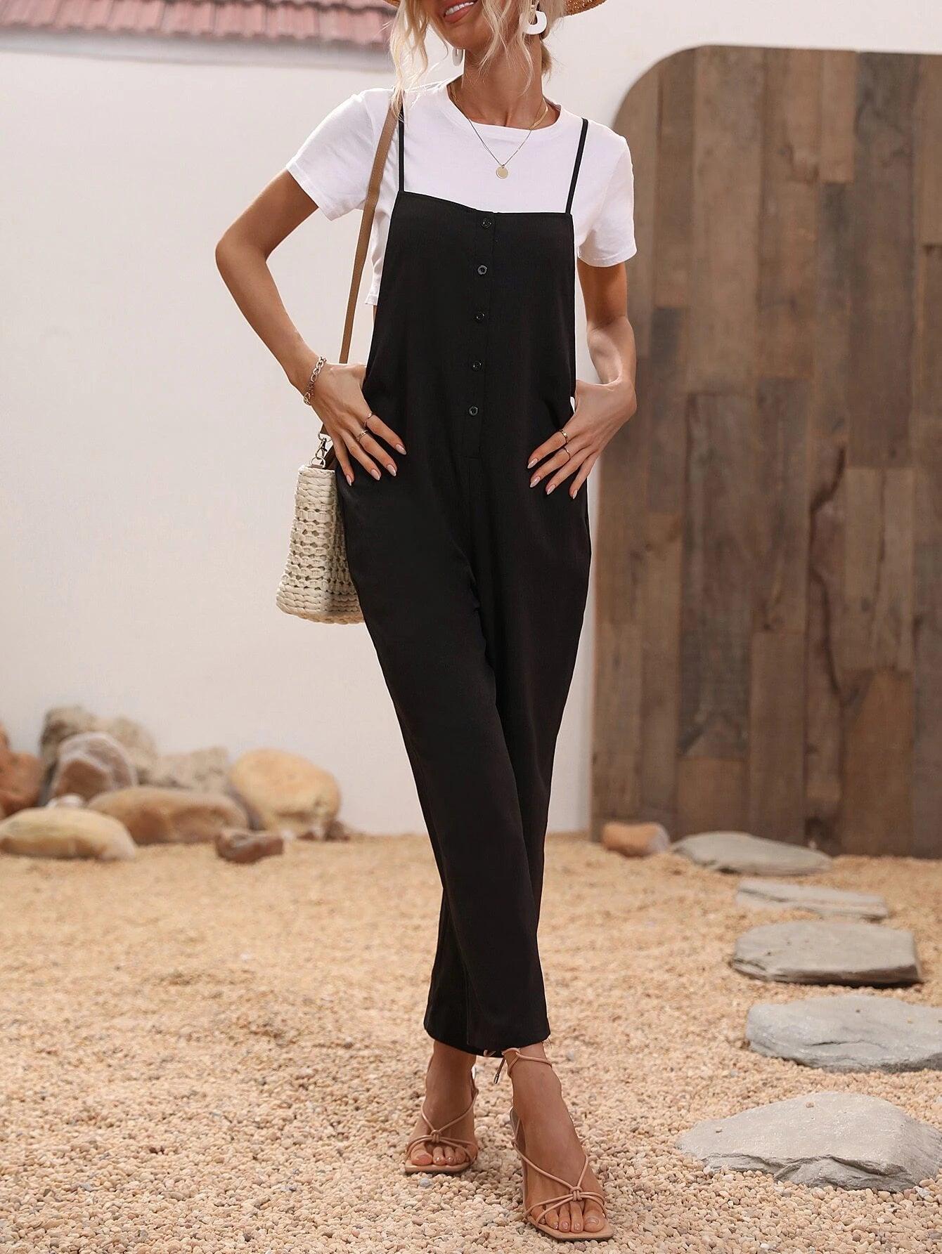 Button Front Cami Jumpsuit-Comfy Jumpsuits