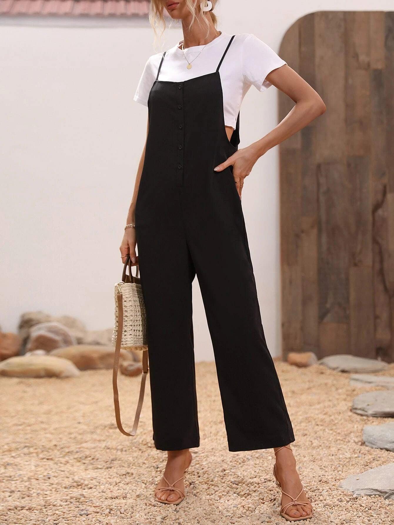 Button Front Cami Jumpsuit-Comfy Jumpsuits
