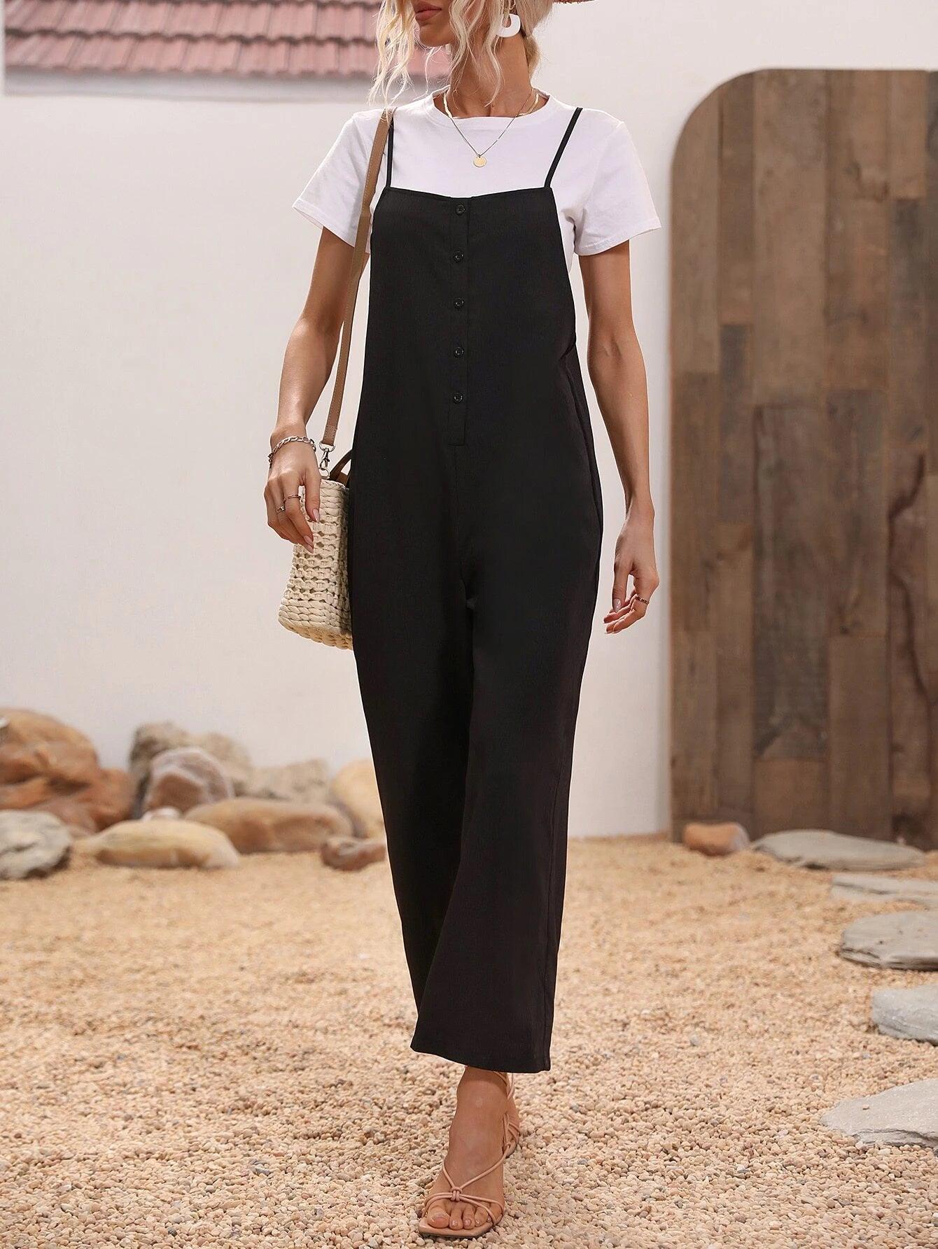 Button Front Cami Jumpsuit-Comfy Jumpsuits