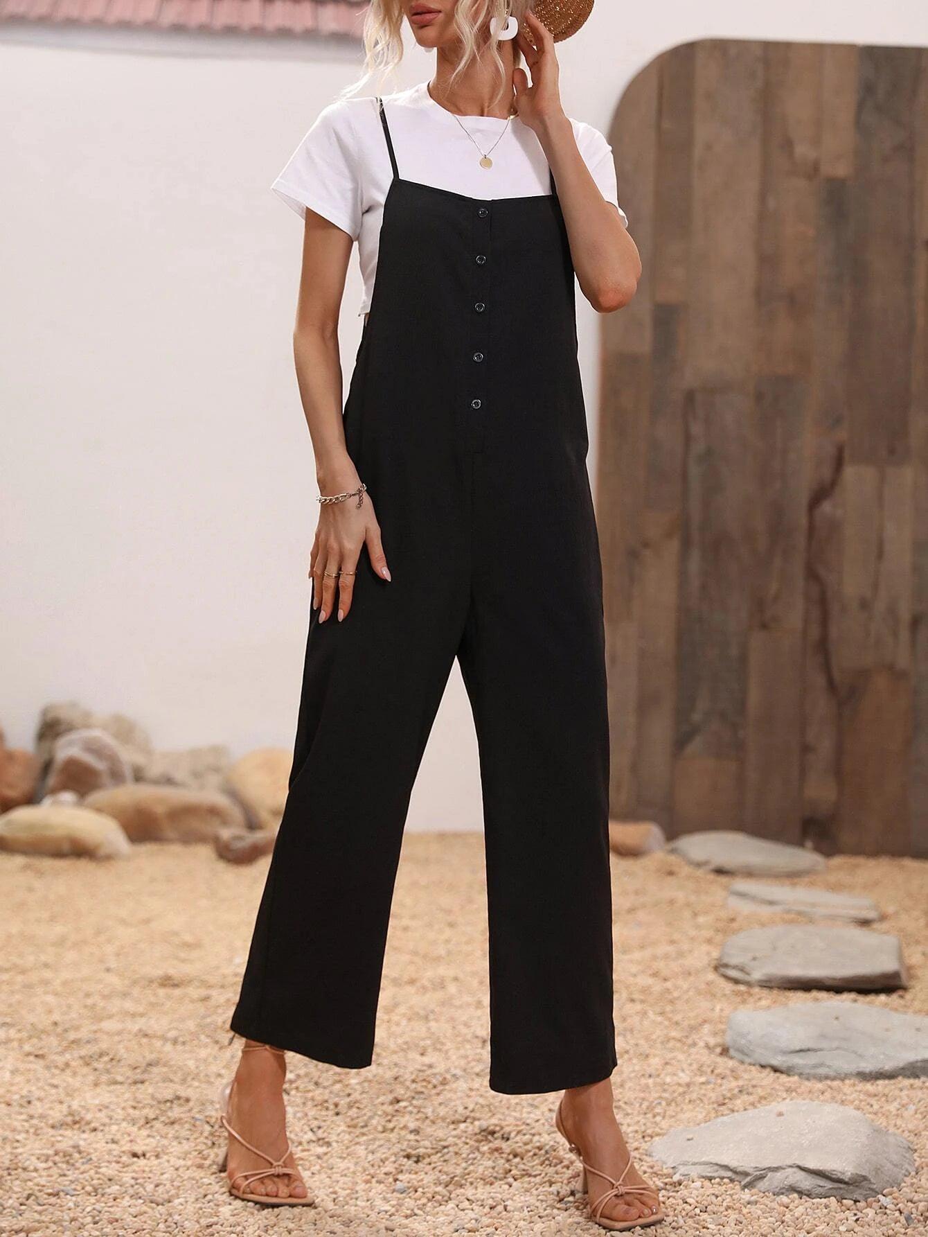 Button Front Cami Jumpsuit-Comfy Jumpsuits