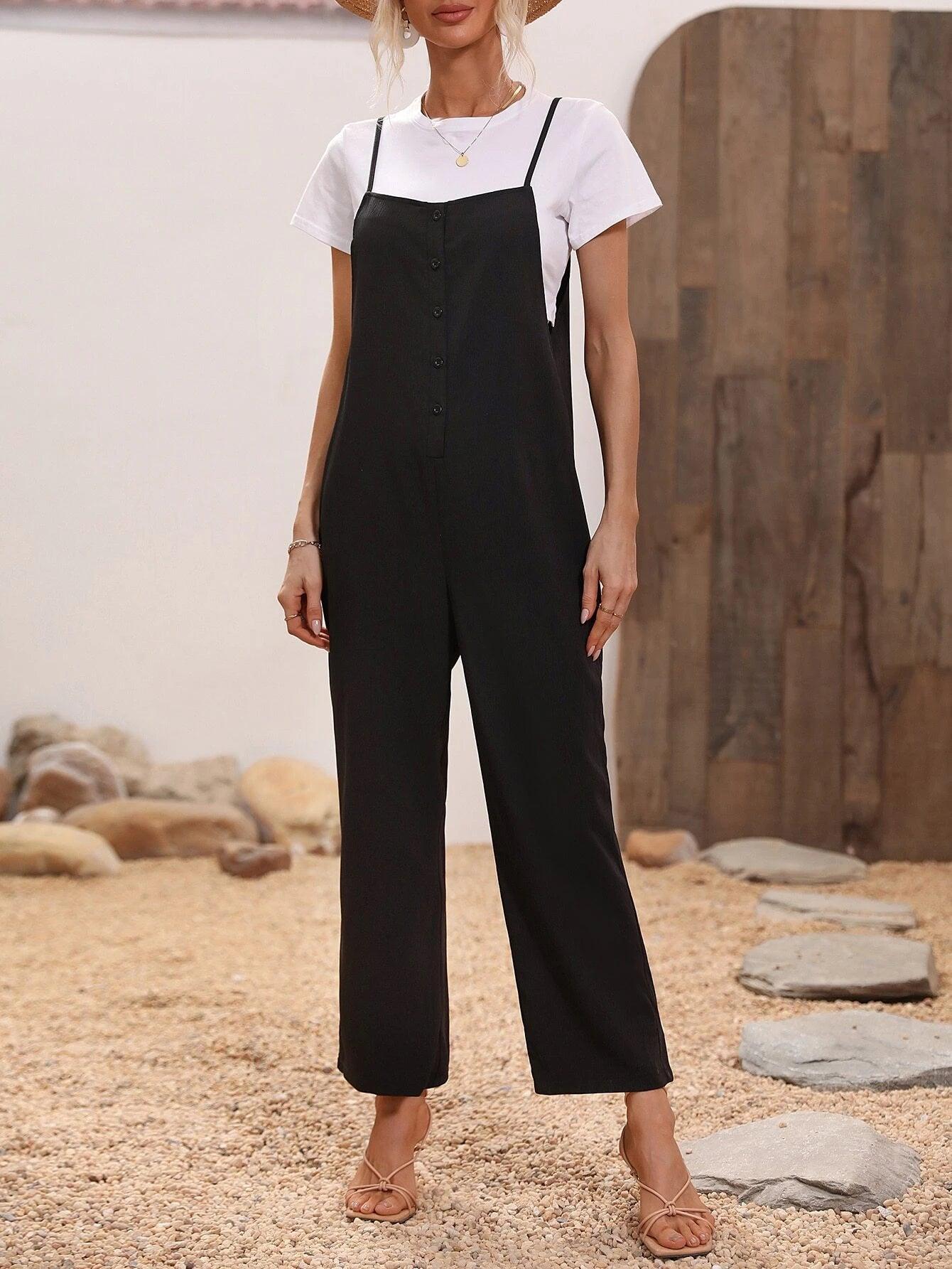 Button Front Cami Jumpsuit-Comfy Jumpsuits