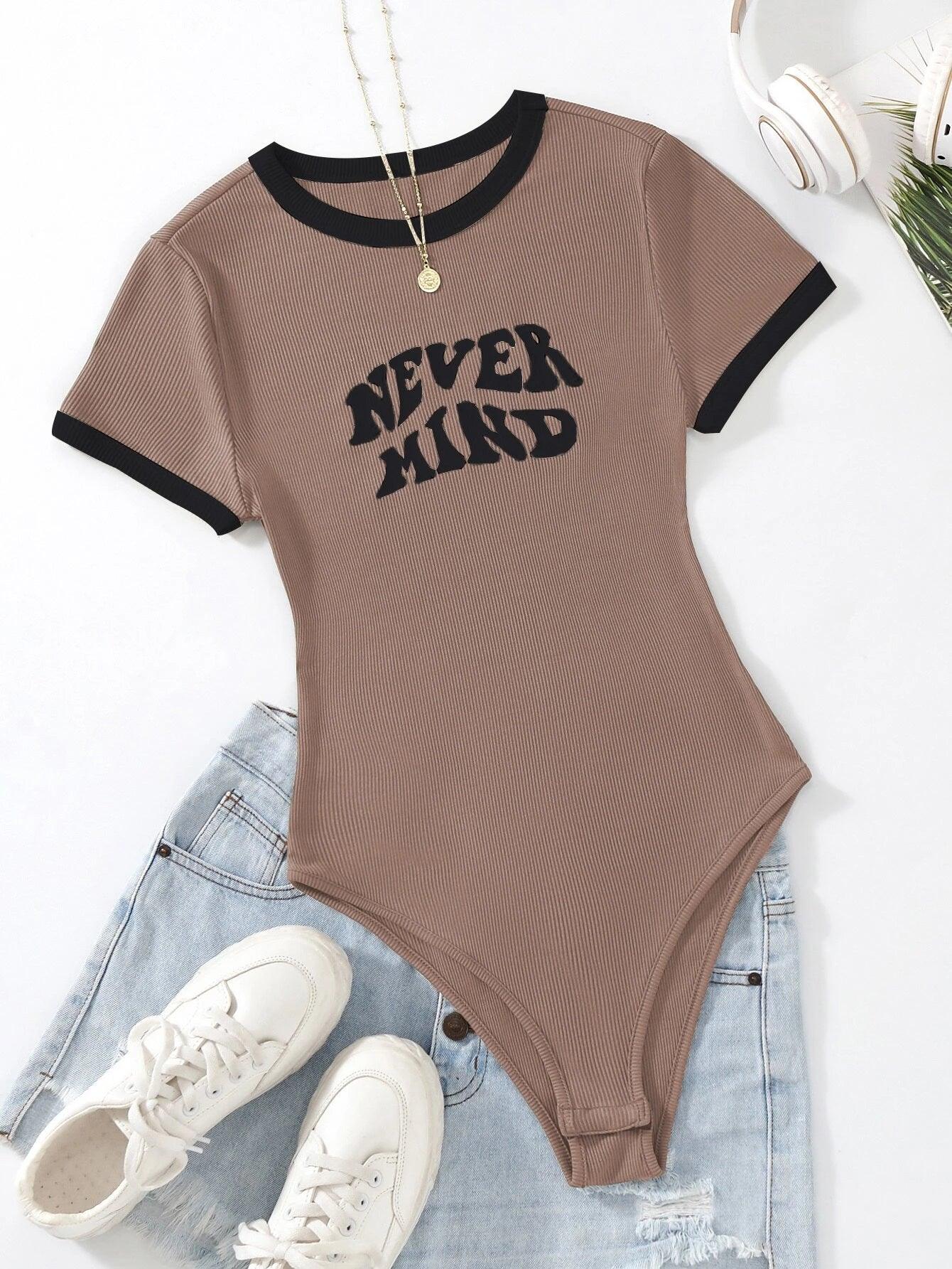 Slogan Graphic Contrast Trim Bodysuit-Comfy Jumpsuits