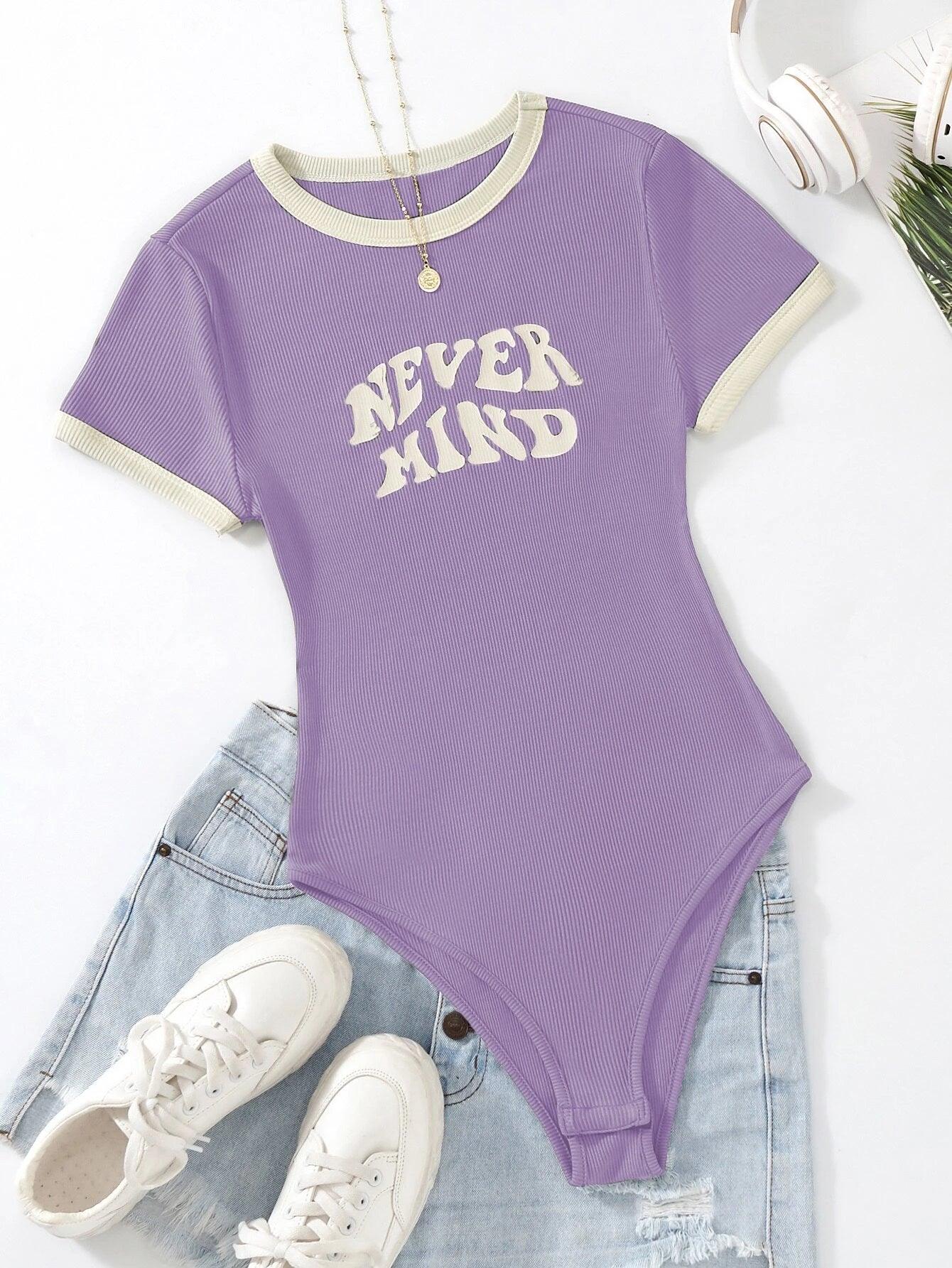Slogan Graphic Contrast Trim Bodysuit-Comfy Jumpsuits