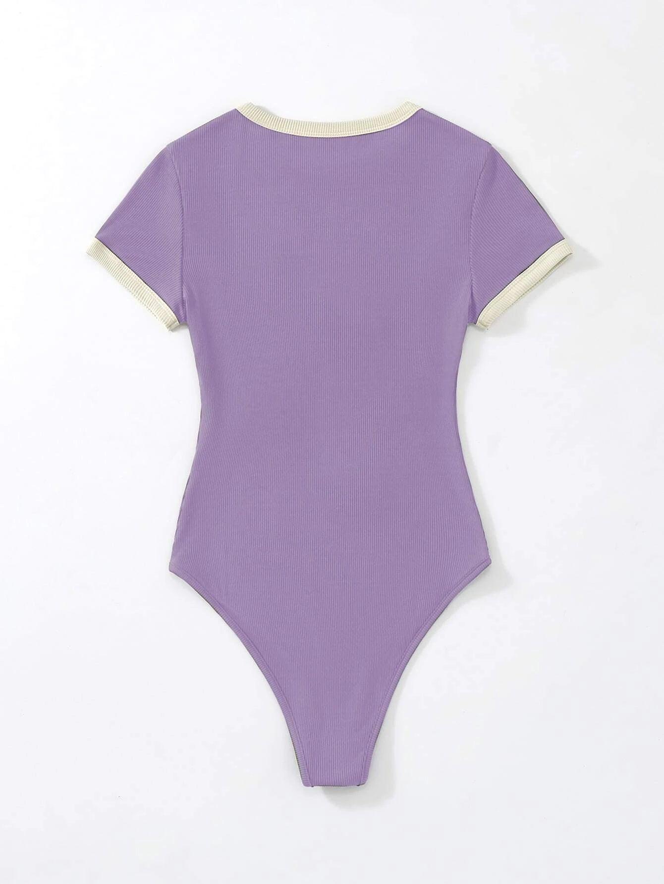 Slogan Graphic Contrast Trim Bodysuit-Comfy Jumpsuits