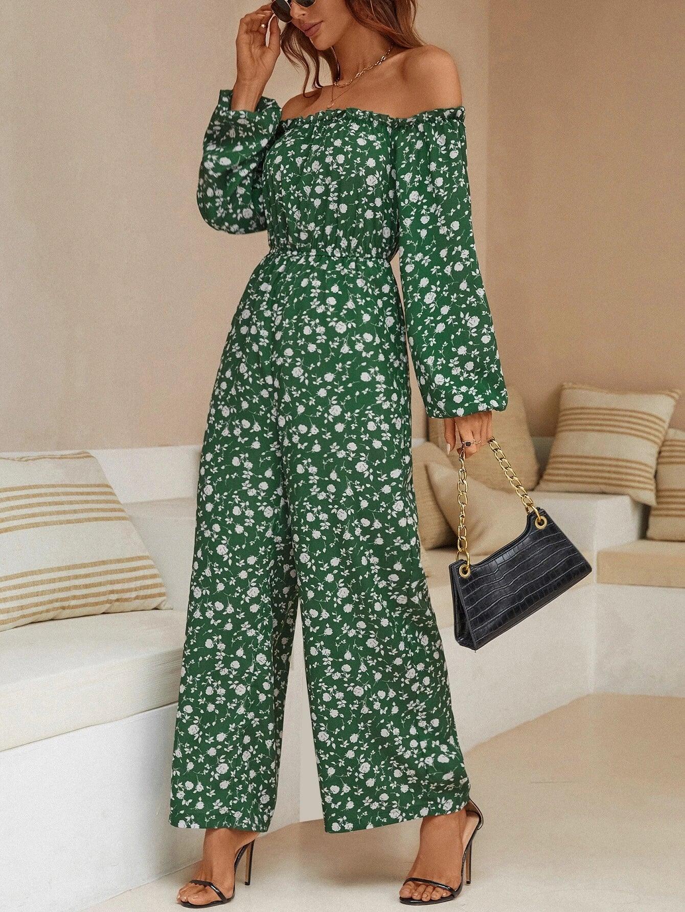 Floral Print Off Shoulder Jumpsuit-Comfy Jumpsuits