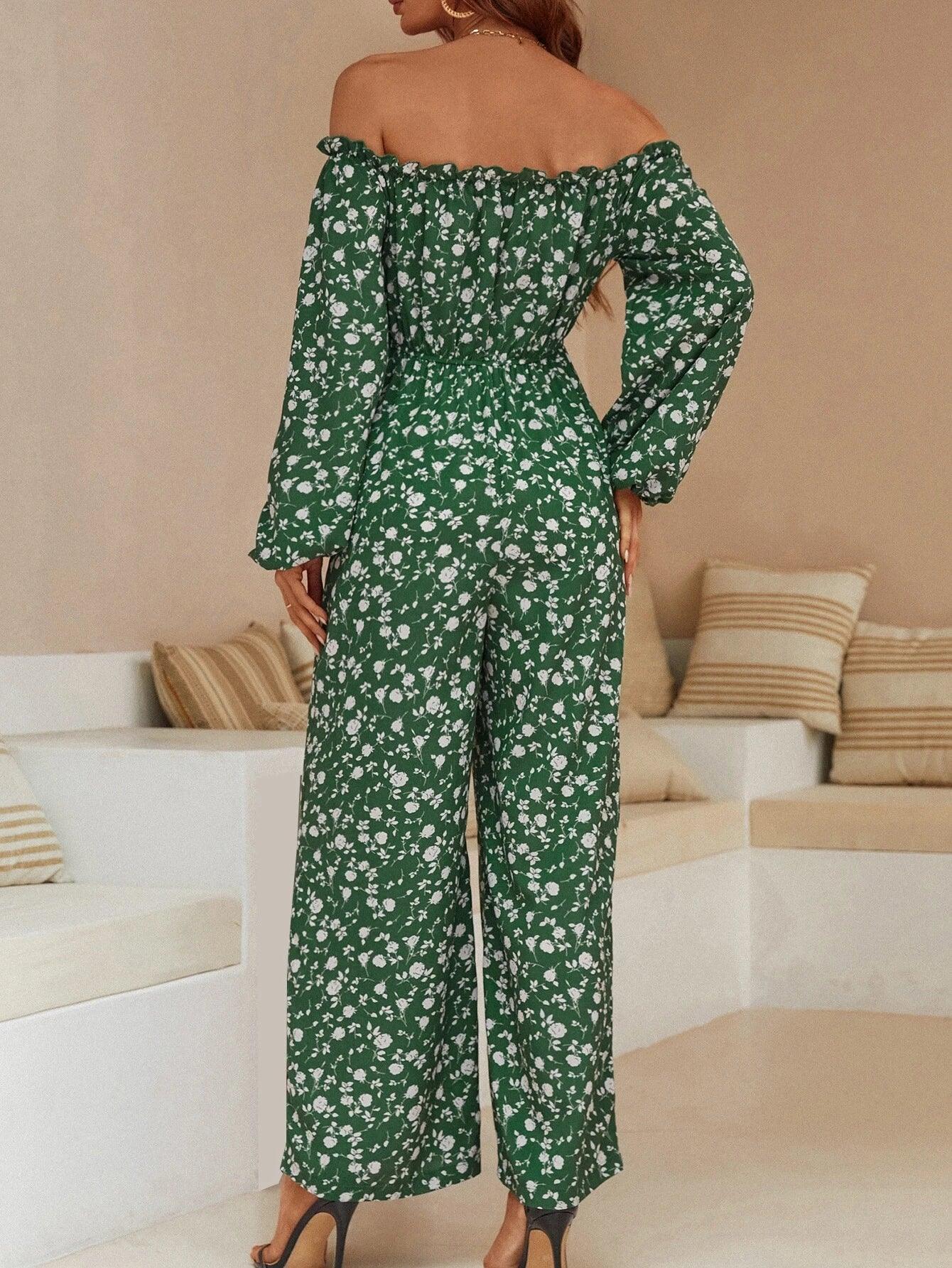 Floral Print Off Shoulder Jumpsuit-Comfy Jumpsuits