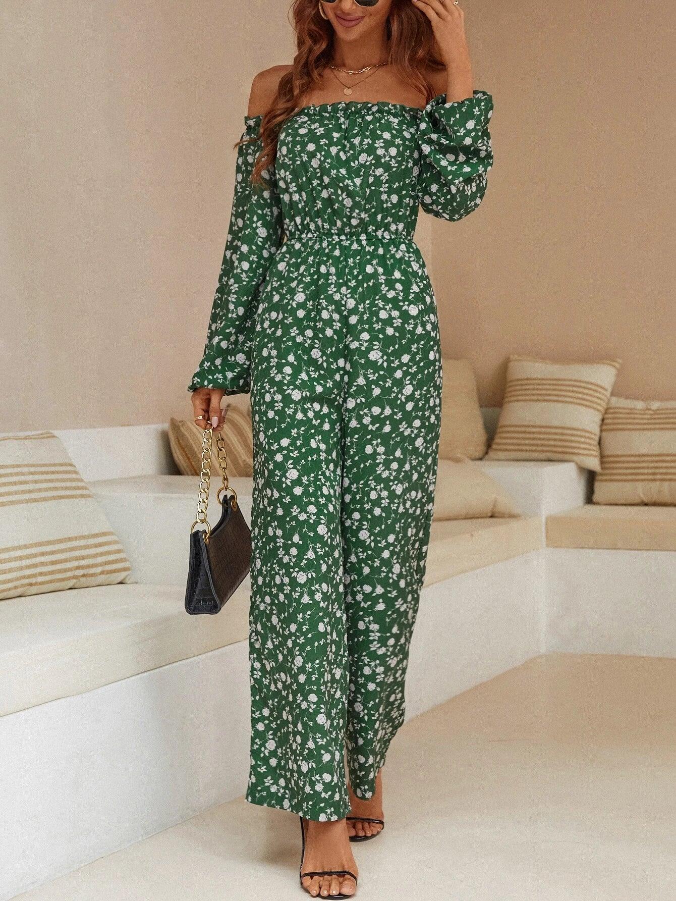 Floral Print Off Shoulder Jumpsuit-Comfy Jumpsuits
