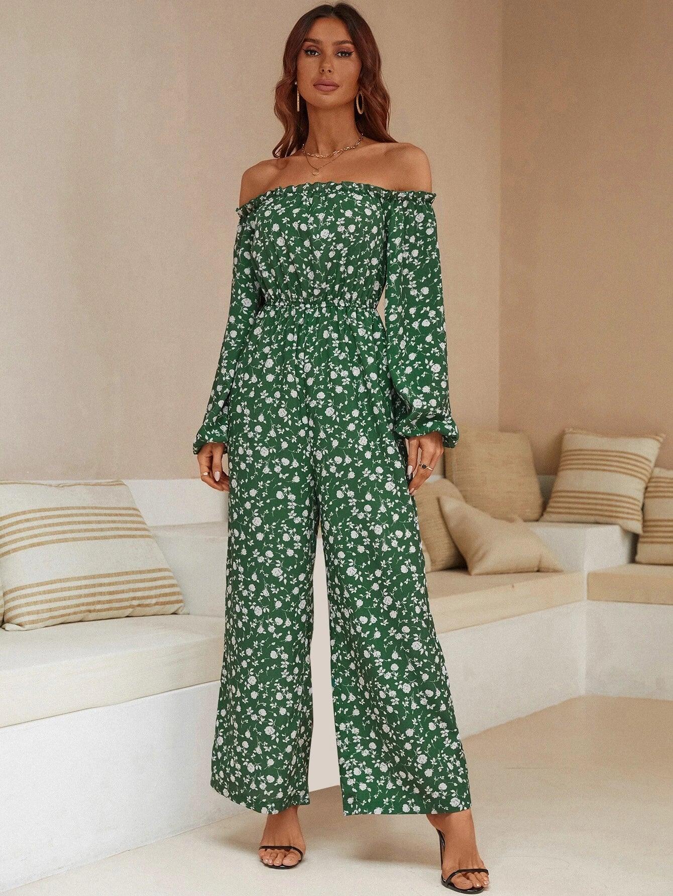 Floral Print Off Shoulder Jumpsuit-Comfy Jumpsuits