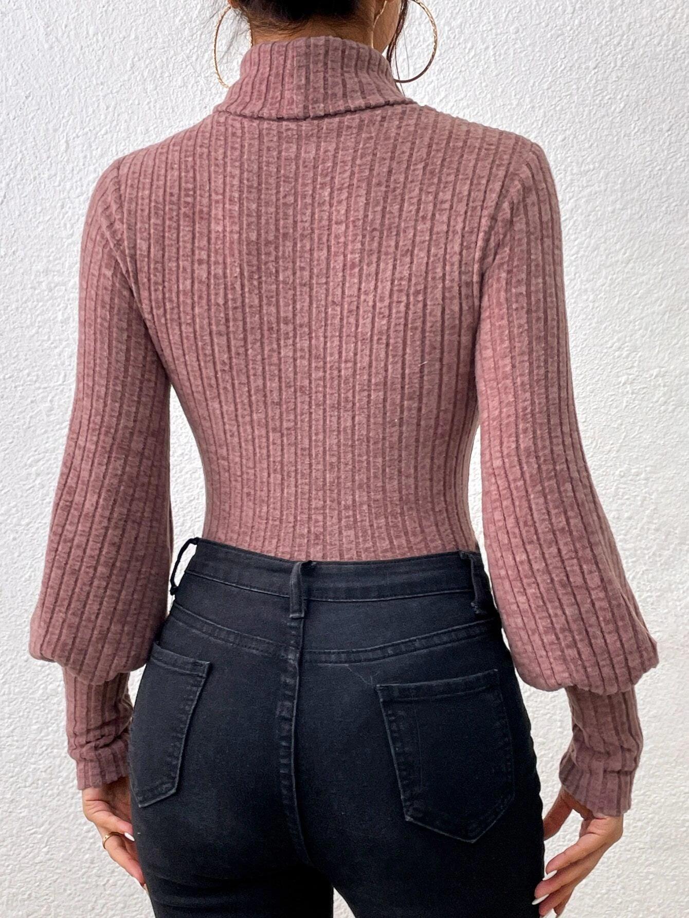 Turtle Neck Ribbed Knit Bodysuit-Comfy Jumpsuits