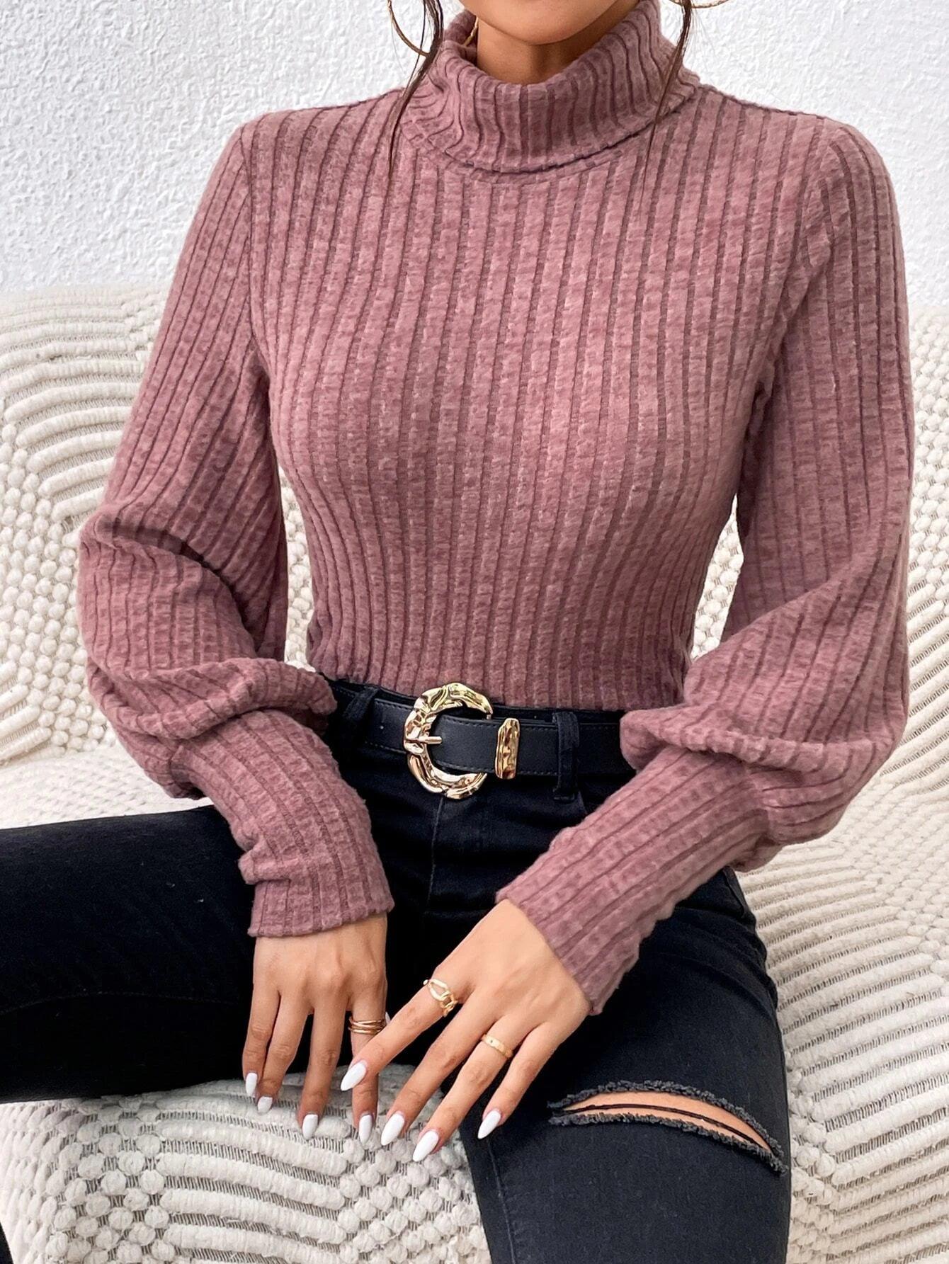 Turtle Neck Ribbed Knit Bodysuit-Comfy Jumpsuits
