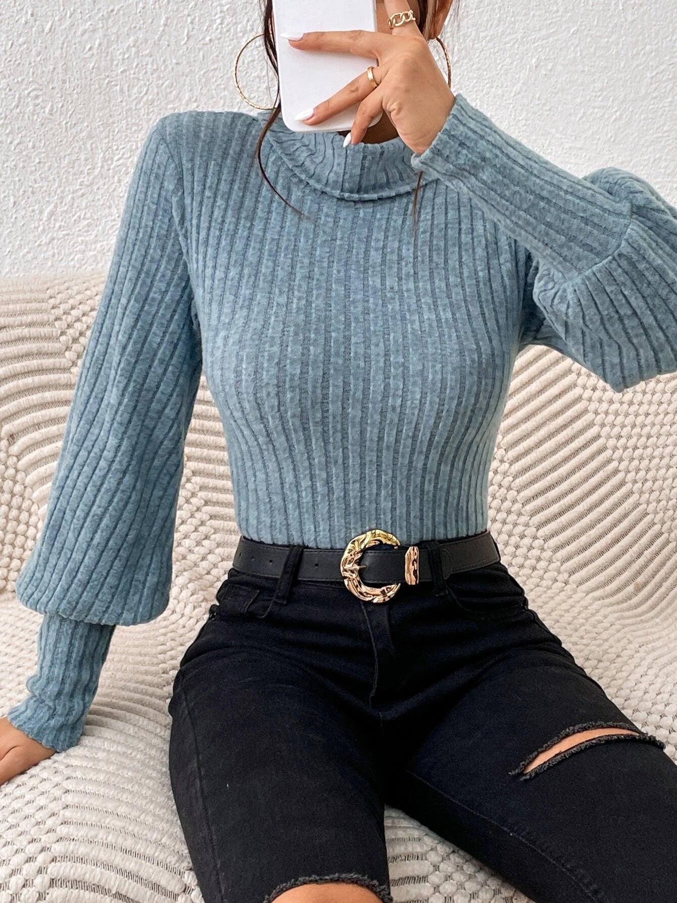 Turtle Neck Ribbed Knit Bodysuit-Comfy Jumpsuits