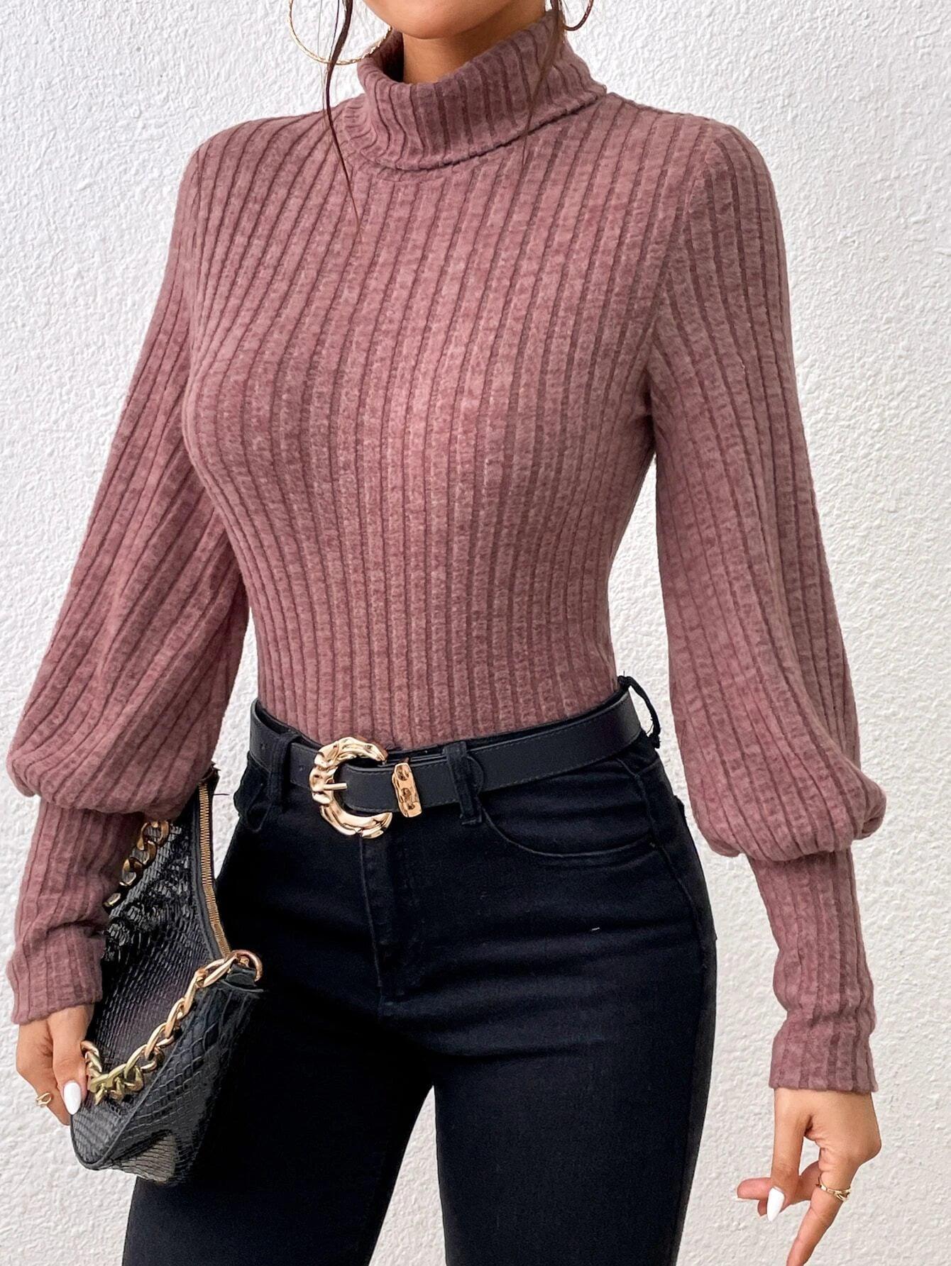 Turtle Neck Ribbed Knit Bodysuit-Comfy Jumpsuits