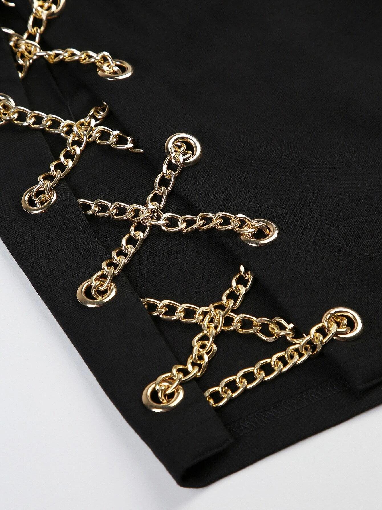 Tie Front Lantern Sleeve Lace Up Chain Detail Romper-Comfy Jumpsuits