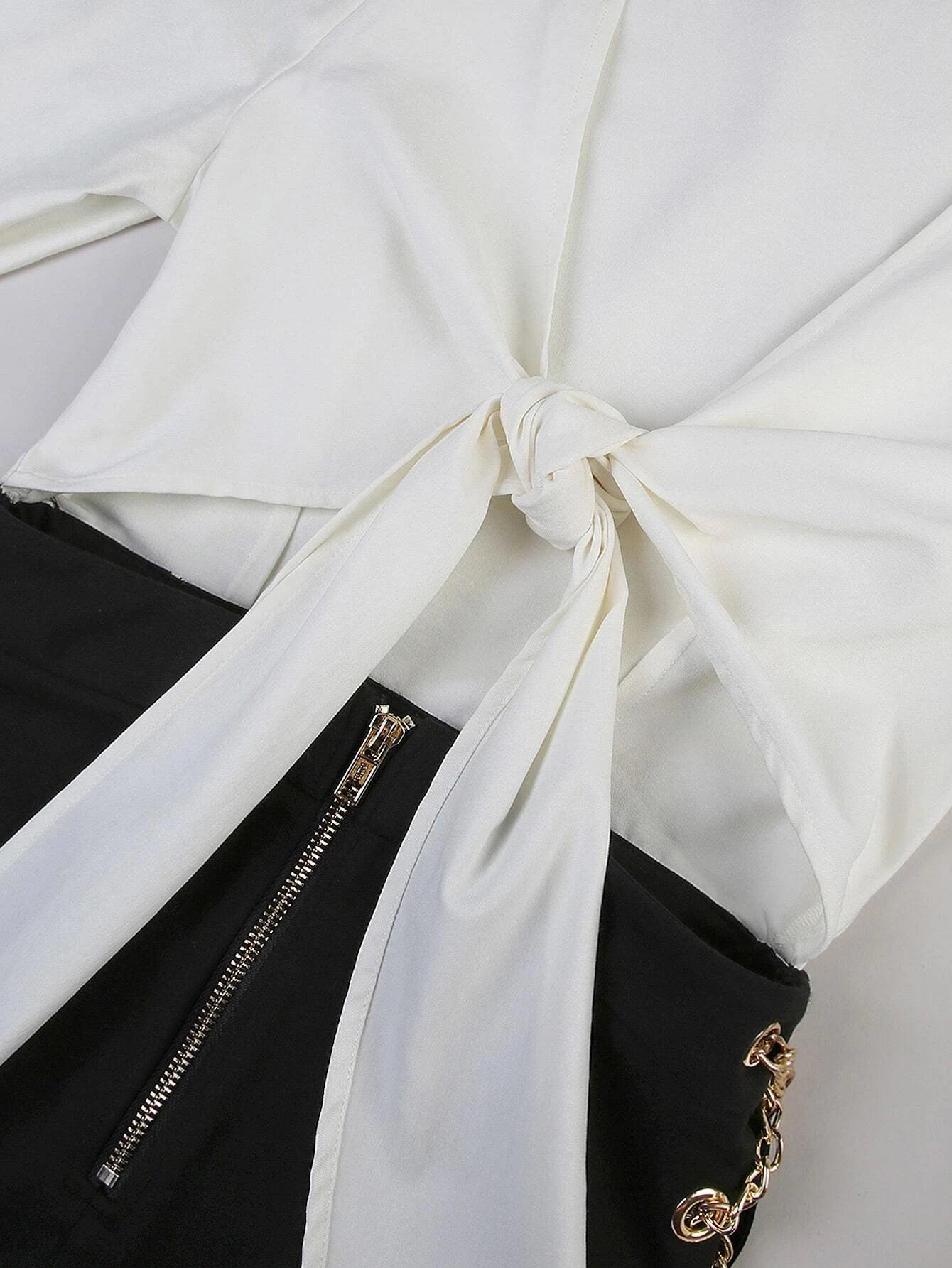 Tie Front Lantern Sleeve Lace Up Chain Detail Romper-Comfy Jumpsuits