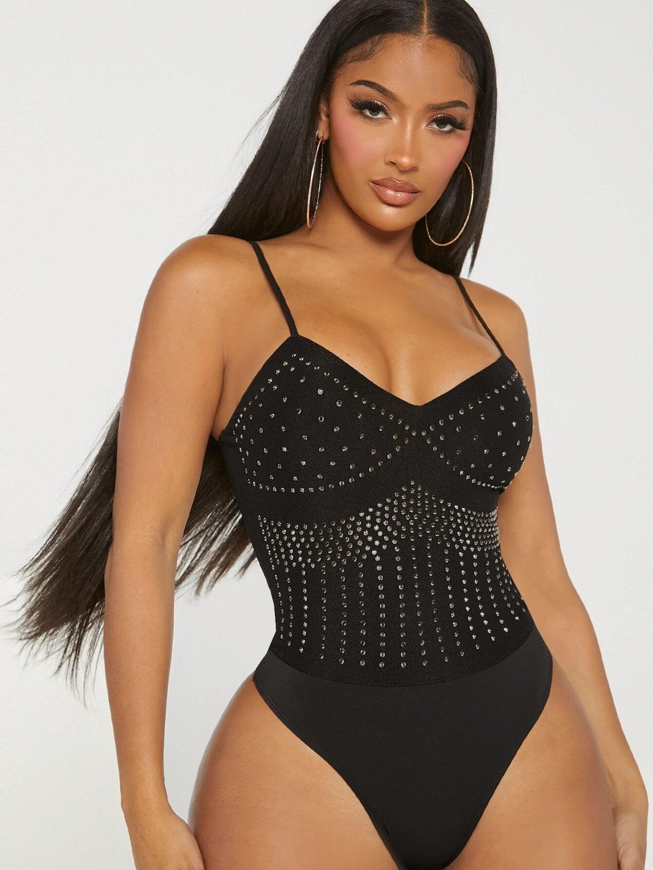 Rhinestone Detail Cami Bodysuit-Comfy Jumpsuits