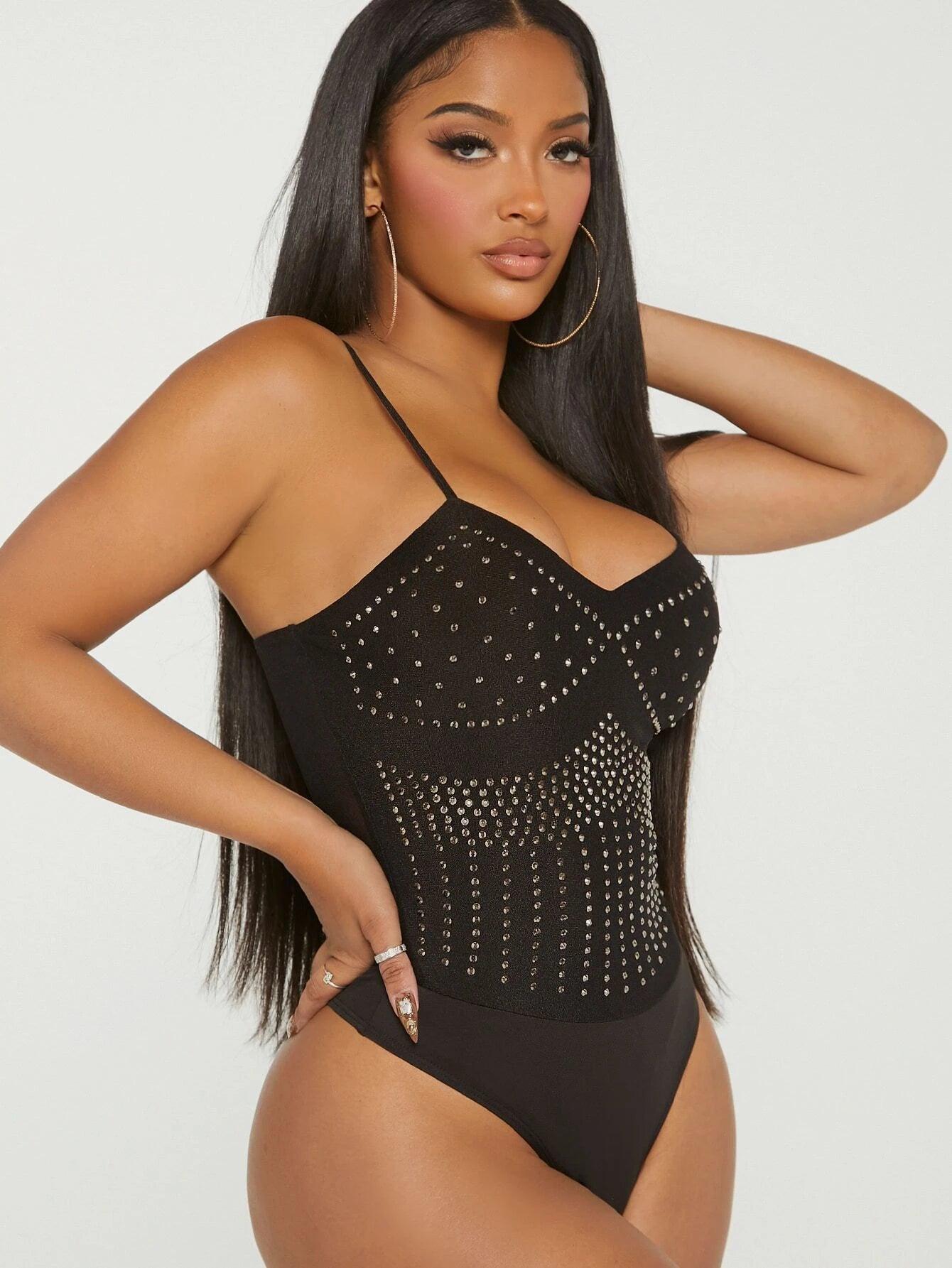 Rhinestone Detail Cami Bodysuit-Comfy Jumpsuits
