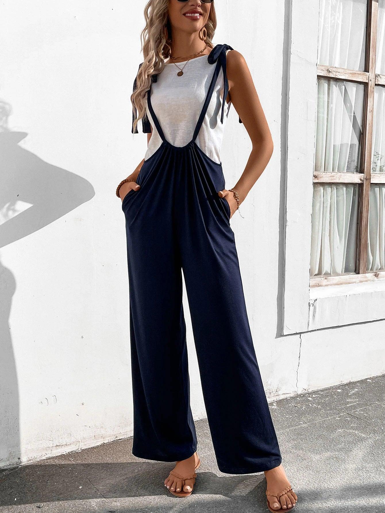 Knot Shoulder Slant Pocket Jumpsuit-Comfy Jumpsuits