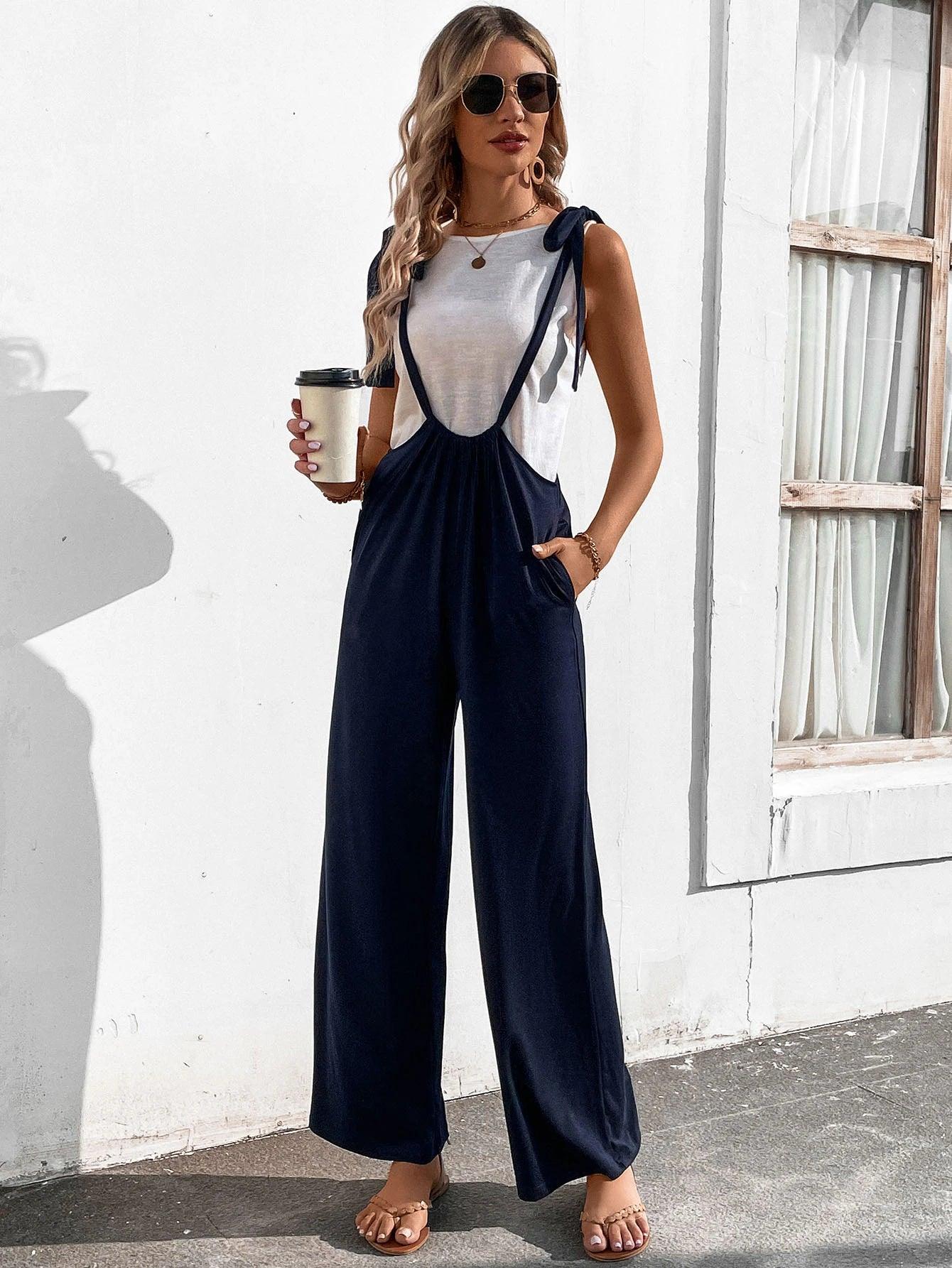 Knot Shoulder Slant Pocket Jumpsuit-Comfy Jumpsuits