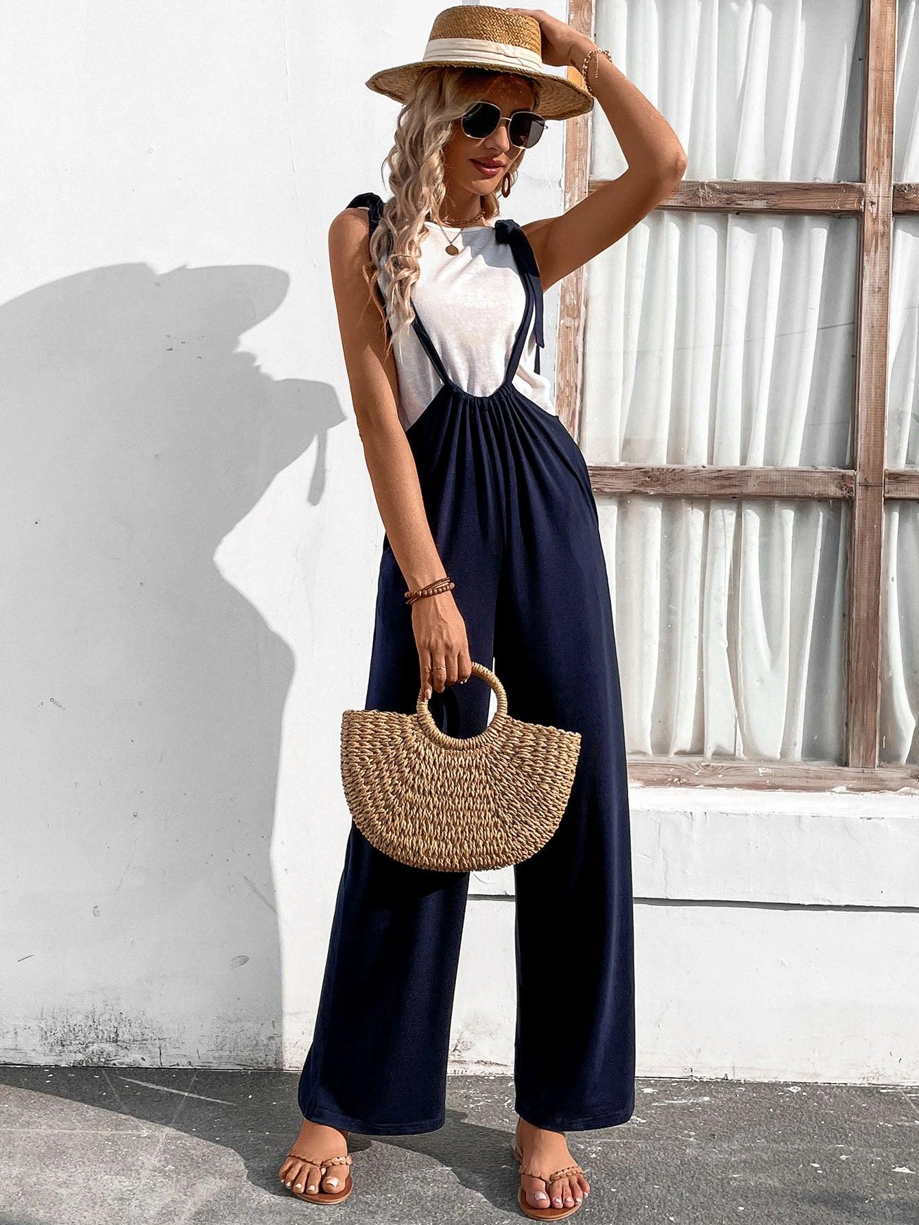 Knot Shoulder Slant Pocket Jumpsuit-Comfy Jumpsuits