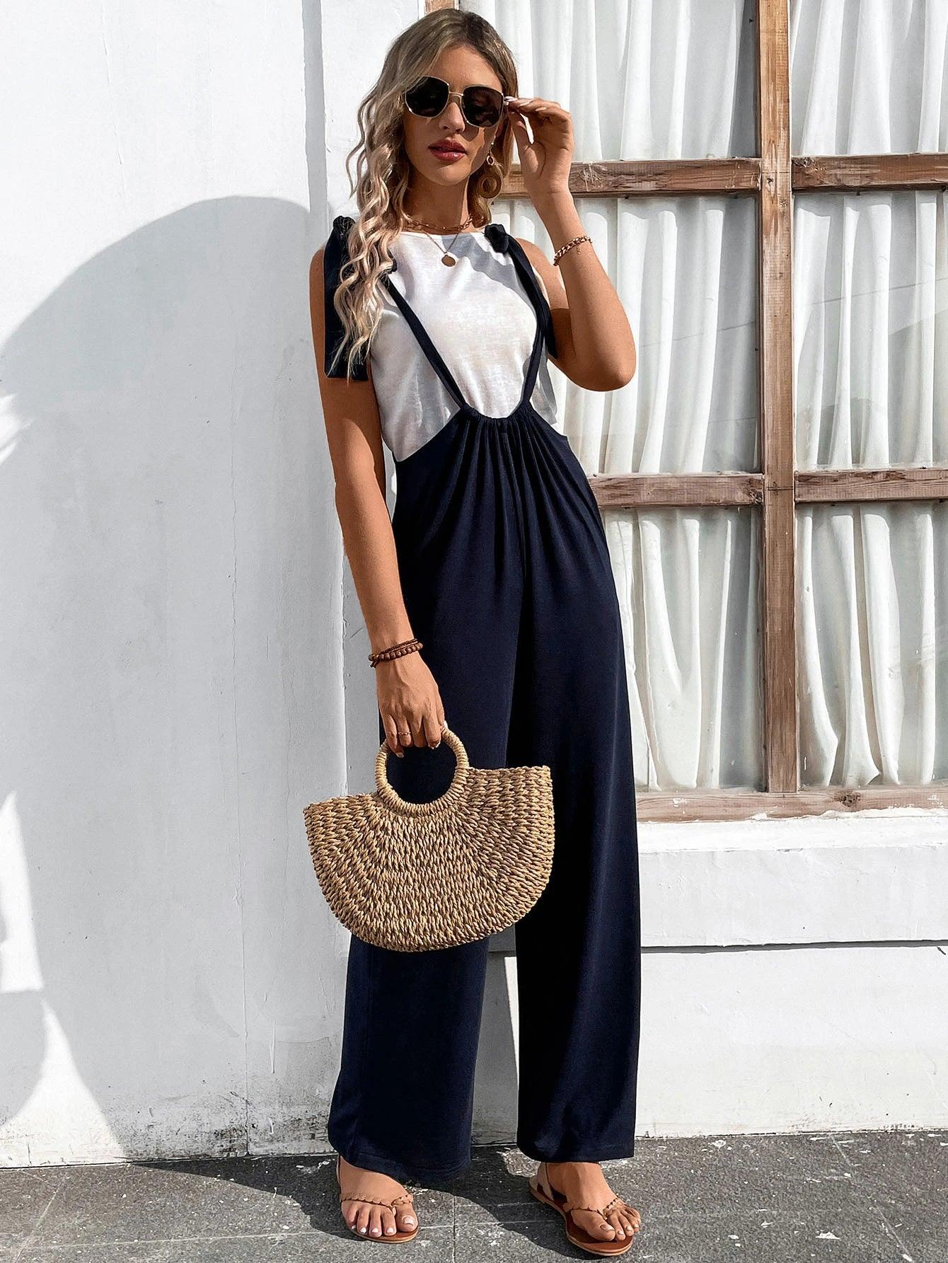Knot Shoulder Slant Pocket Jumpsuit-Comfy Jumpsuits
