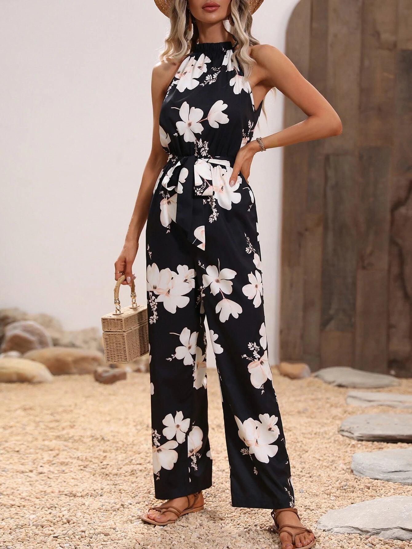 Floral Print Belted Jumpsuit-Comfy Jumpsuits