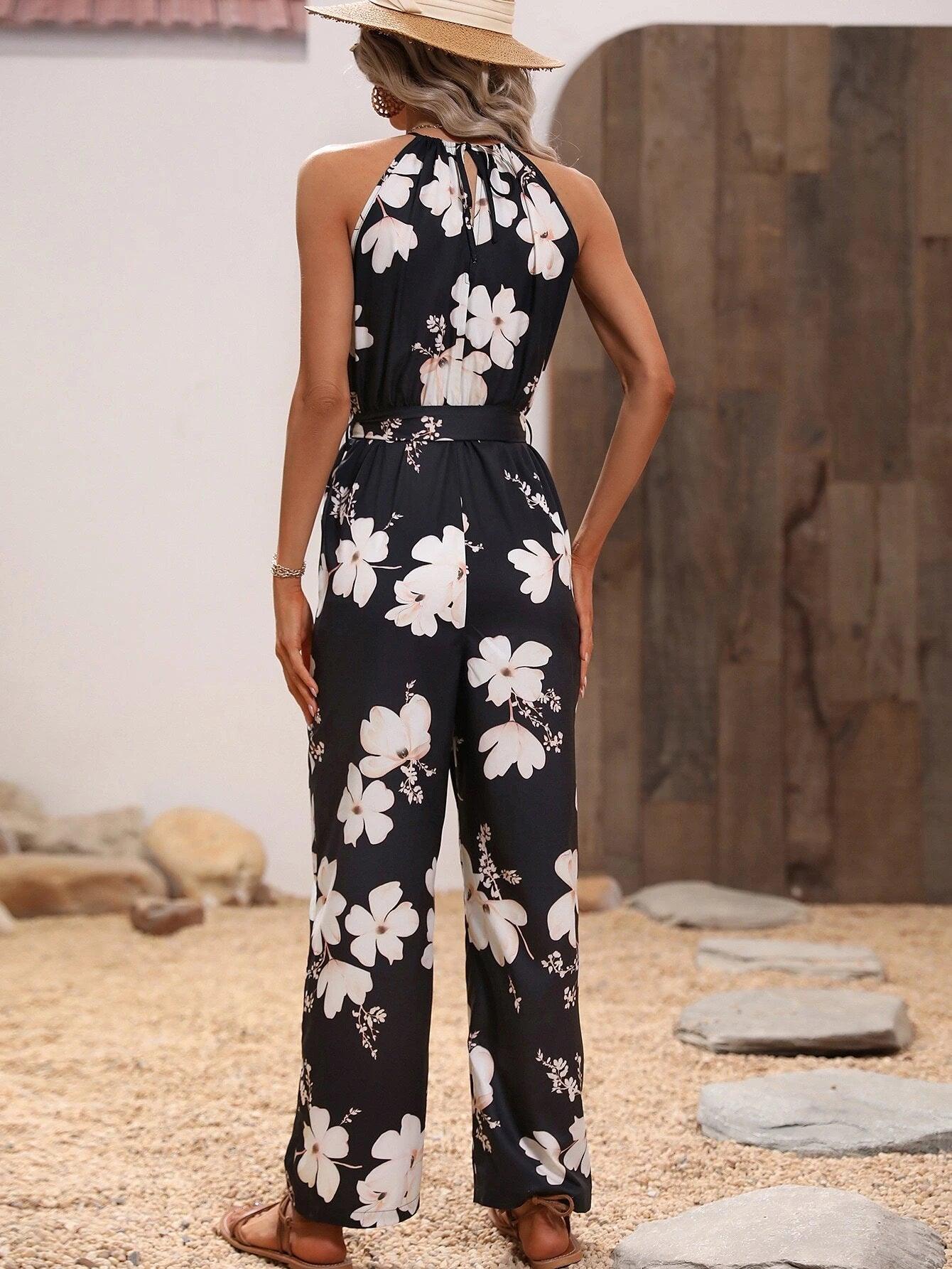 Floral Print Belted Jumpsuit-Comfy Jumpsuits