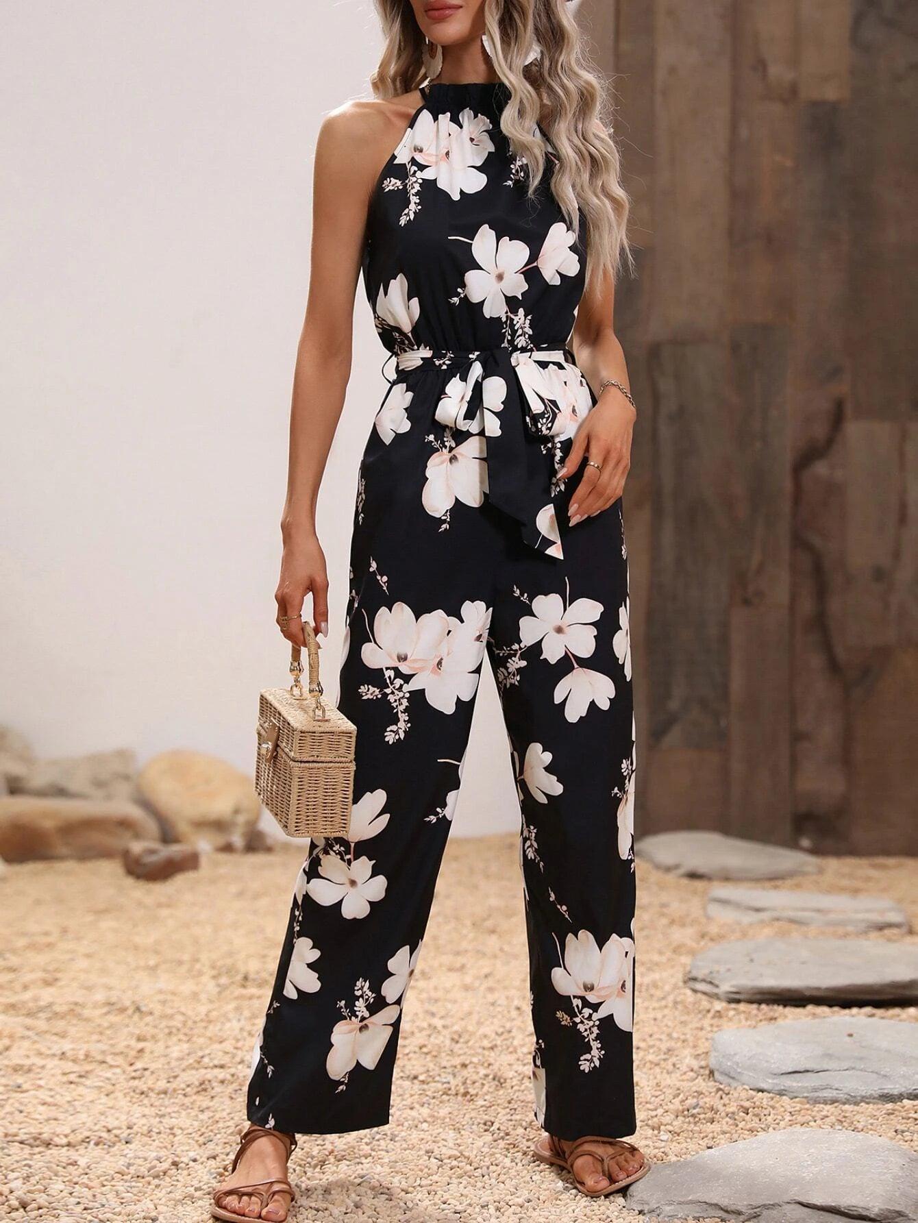 Floral Print Belted Jumpsuit-Comfy Jumpsuits