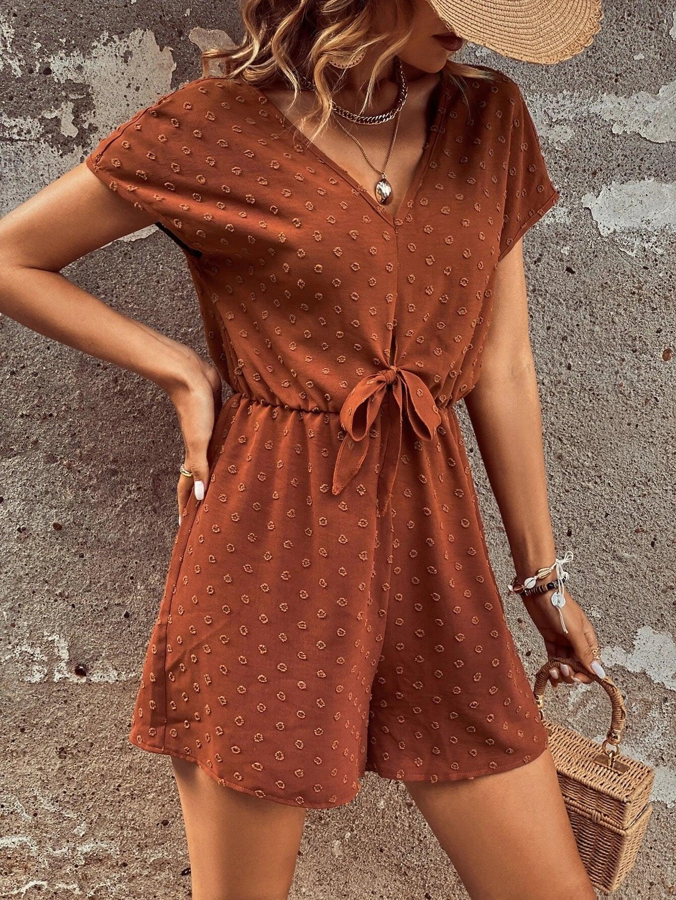 Dot Batwing Sleeve Knot Front Romper-Comfy Jumpsuits