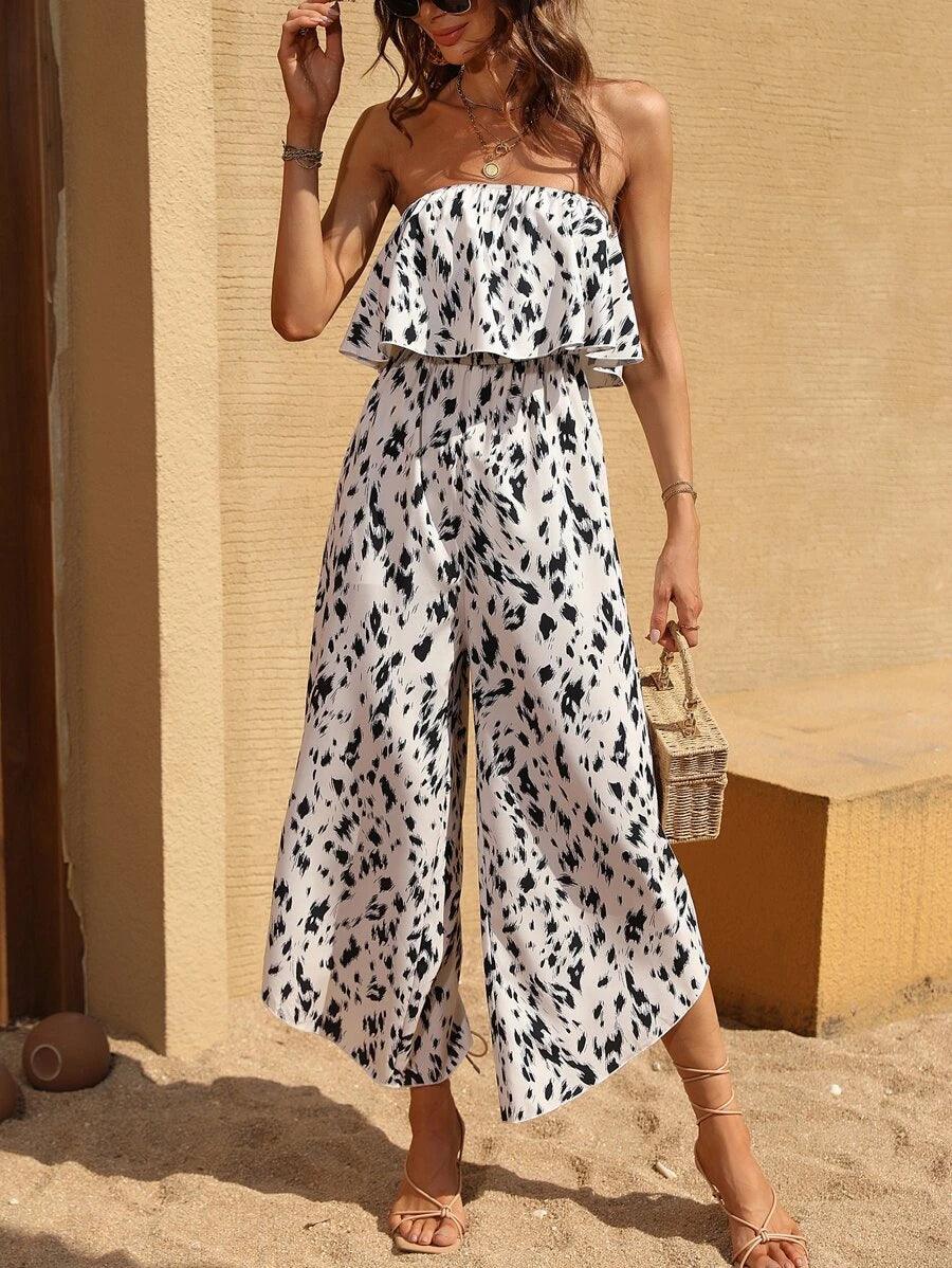 Allover Print Ruffle Trim Tube Jumpsuit-Comfy Jumpsuits