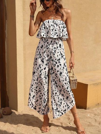 Allover Print Ruffle Trim Tube Jumpsuit-Comfy Jumpsuits