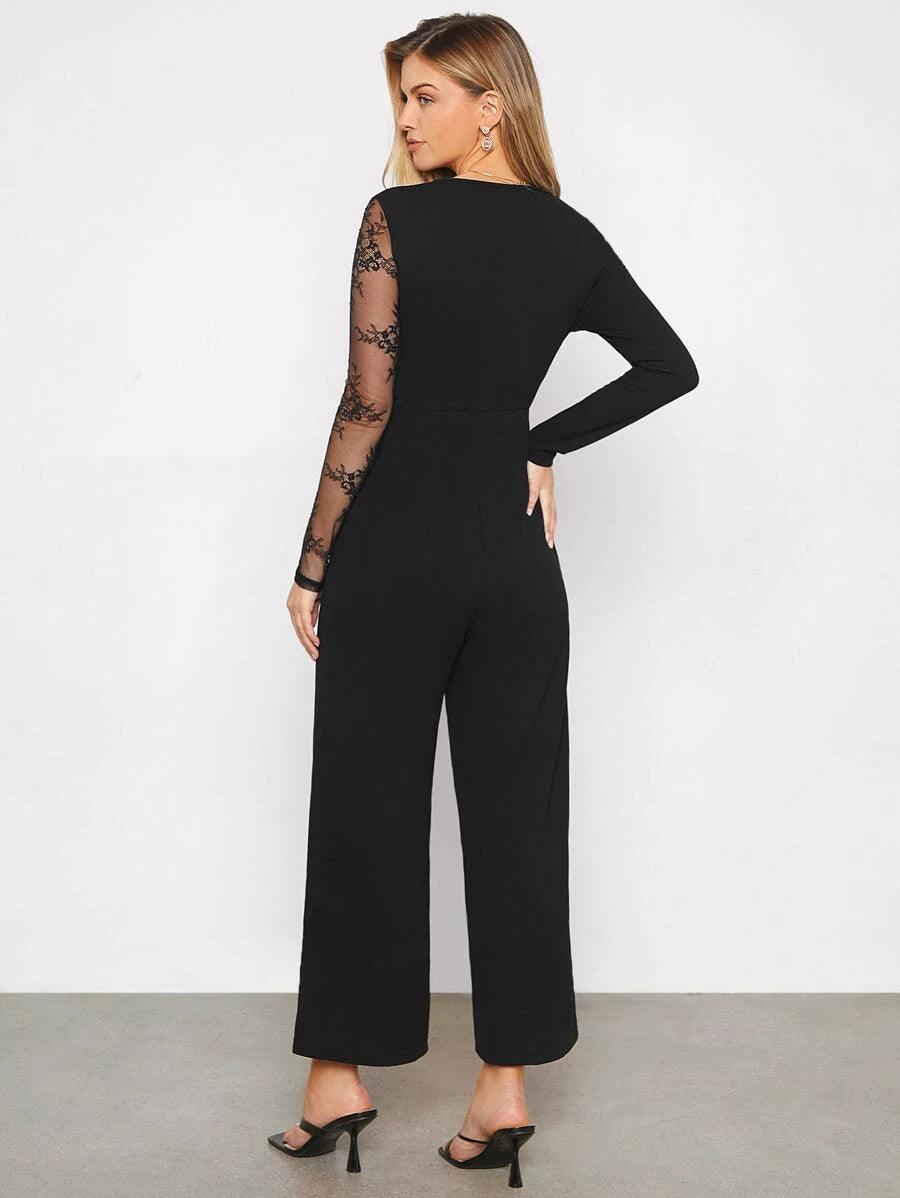 Contrast Lace V Neck Wide Leg Jumpsuit Without Belt-Comfy Jumpsuits