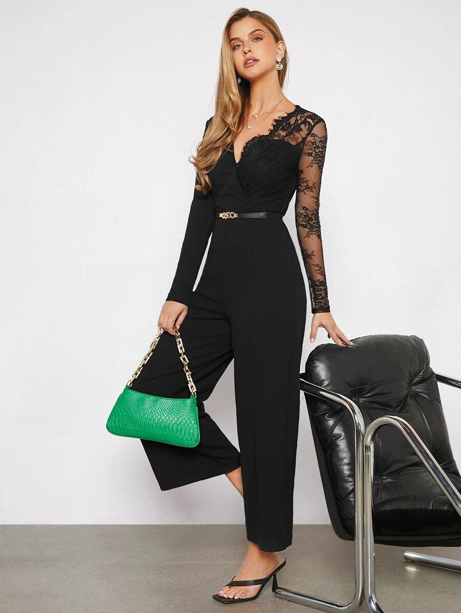Contrast Lace V Neck Wide Leg Jumpsuit Without Belt-Comfy Jumpsuits