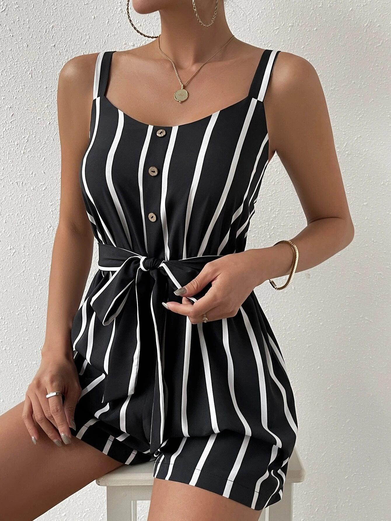 Striped Print Belted Cami Romper-Comfy Jumpsuits