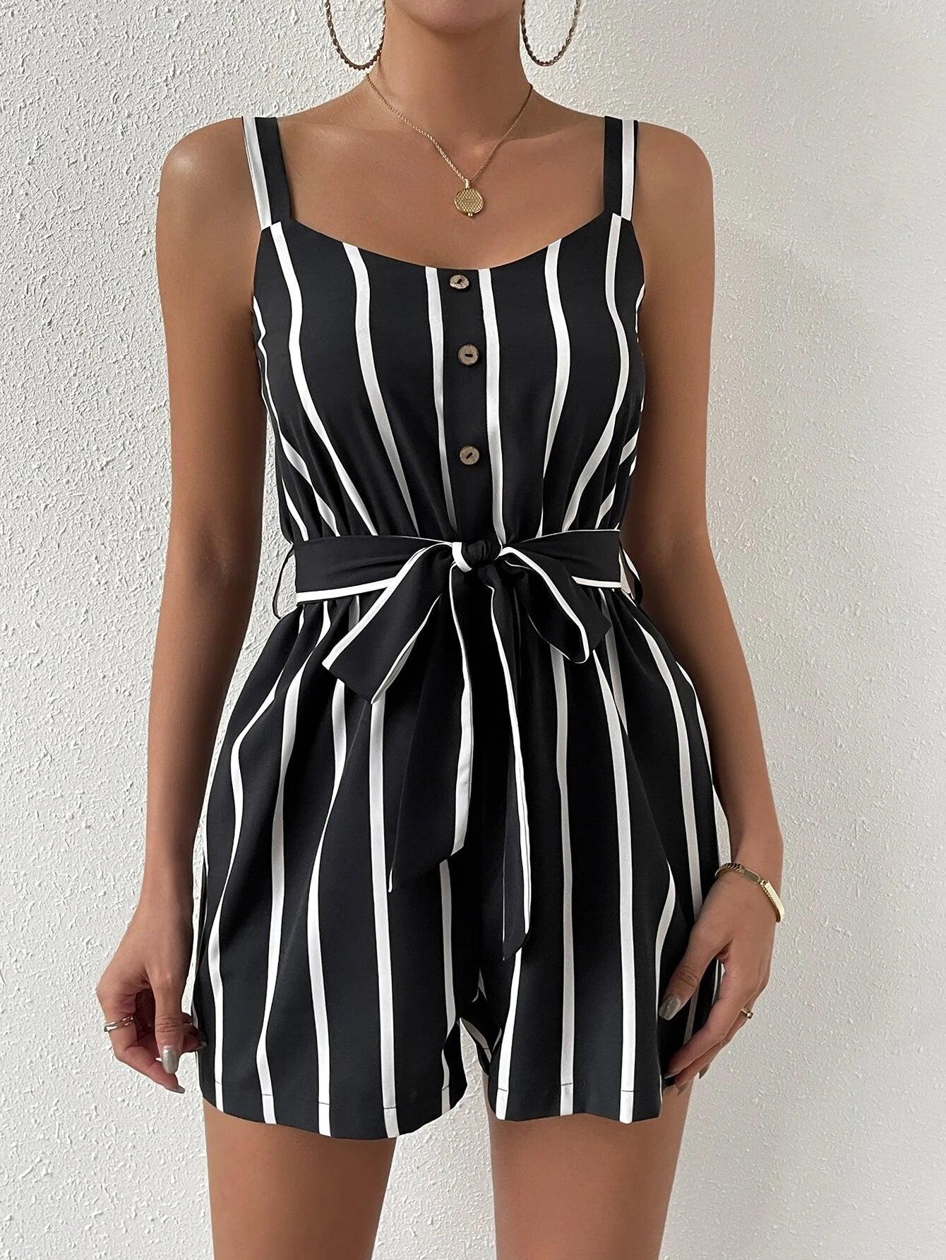 Striped Print Belted Cami Romper-Comfy Jumpsuits