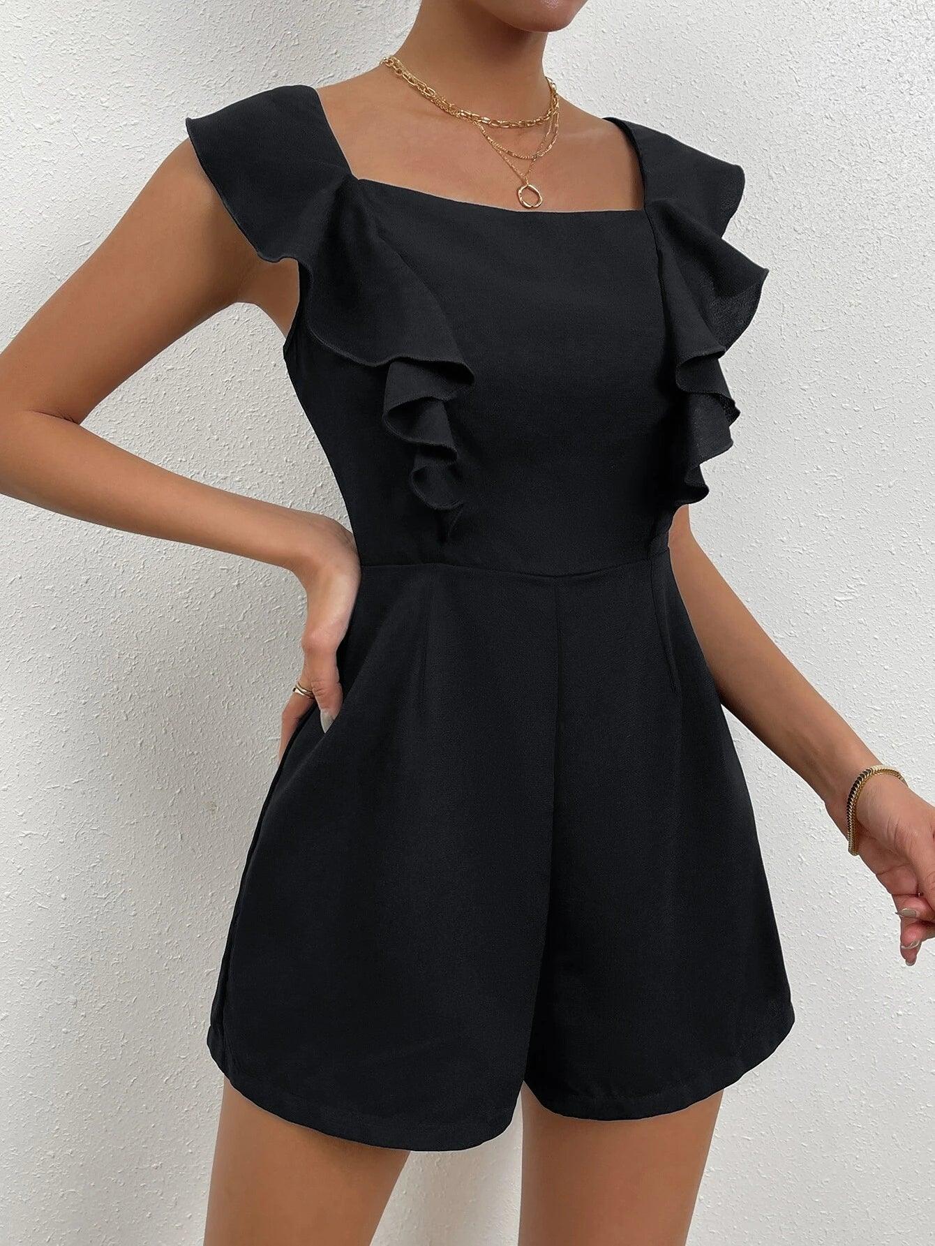 Ruffle Trim Square Neck Romper-Comfy Jumpsuits