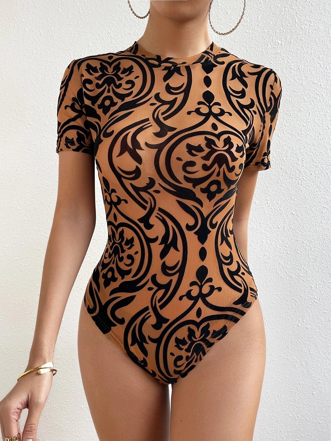 Baroque Print Stand Collar Bodysuit-Comfy Jumpsuits