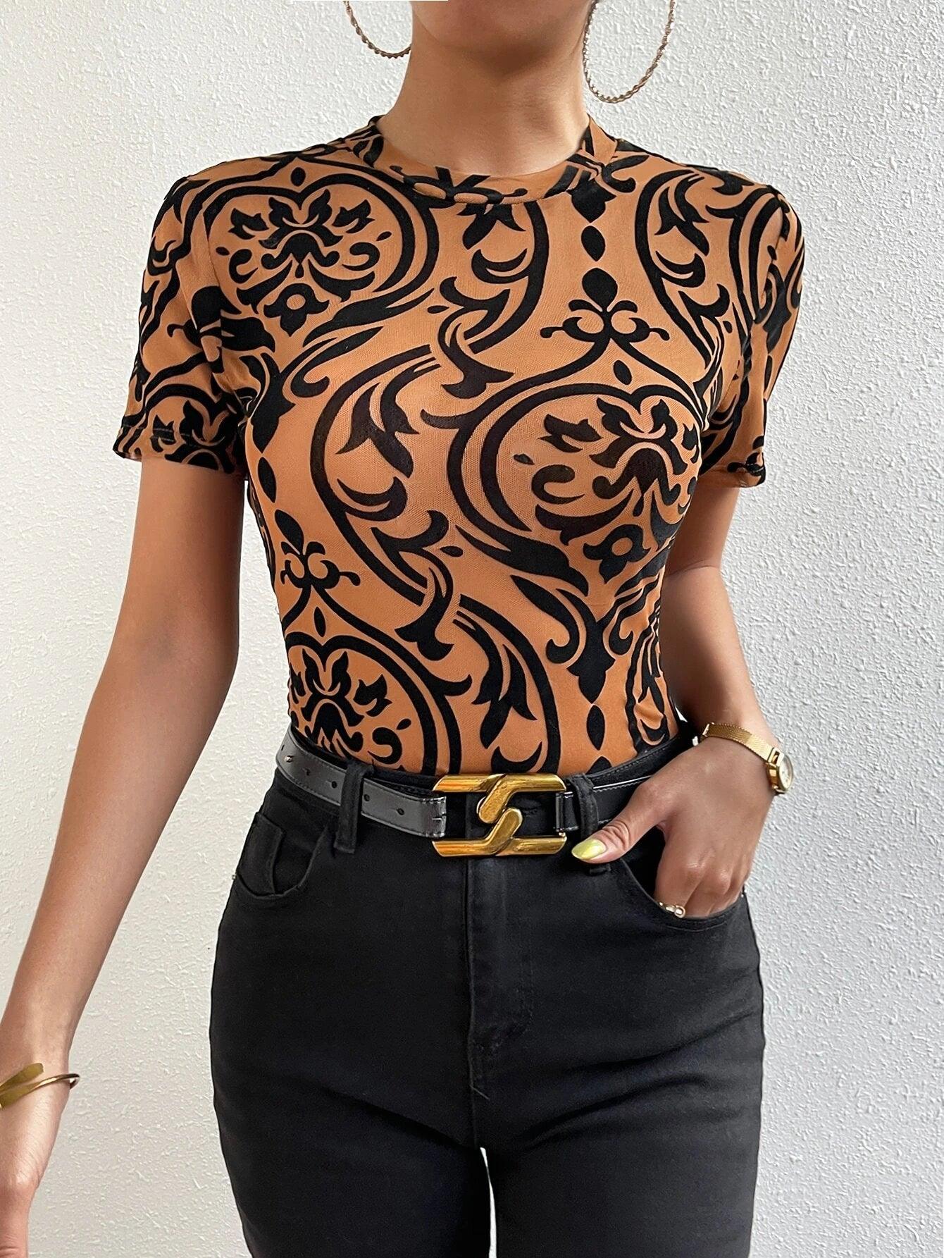 Baroque Print Stand Collar Bodysuit-Comfy Jumpsuits