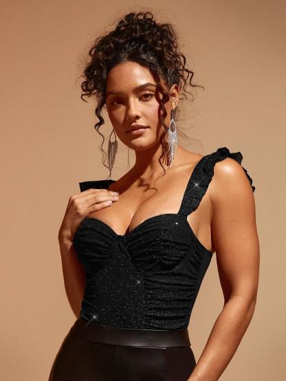 Ruffle Trim Ruched Bodysuit-Comfy Jumpsuits