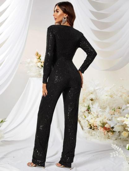 Deep V Neck Sequin Jumpsuit-Comfy Jumpsuits