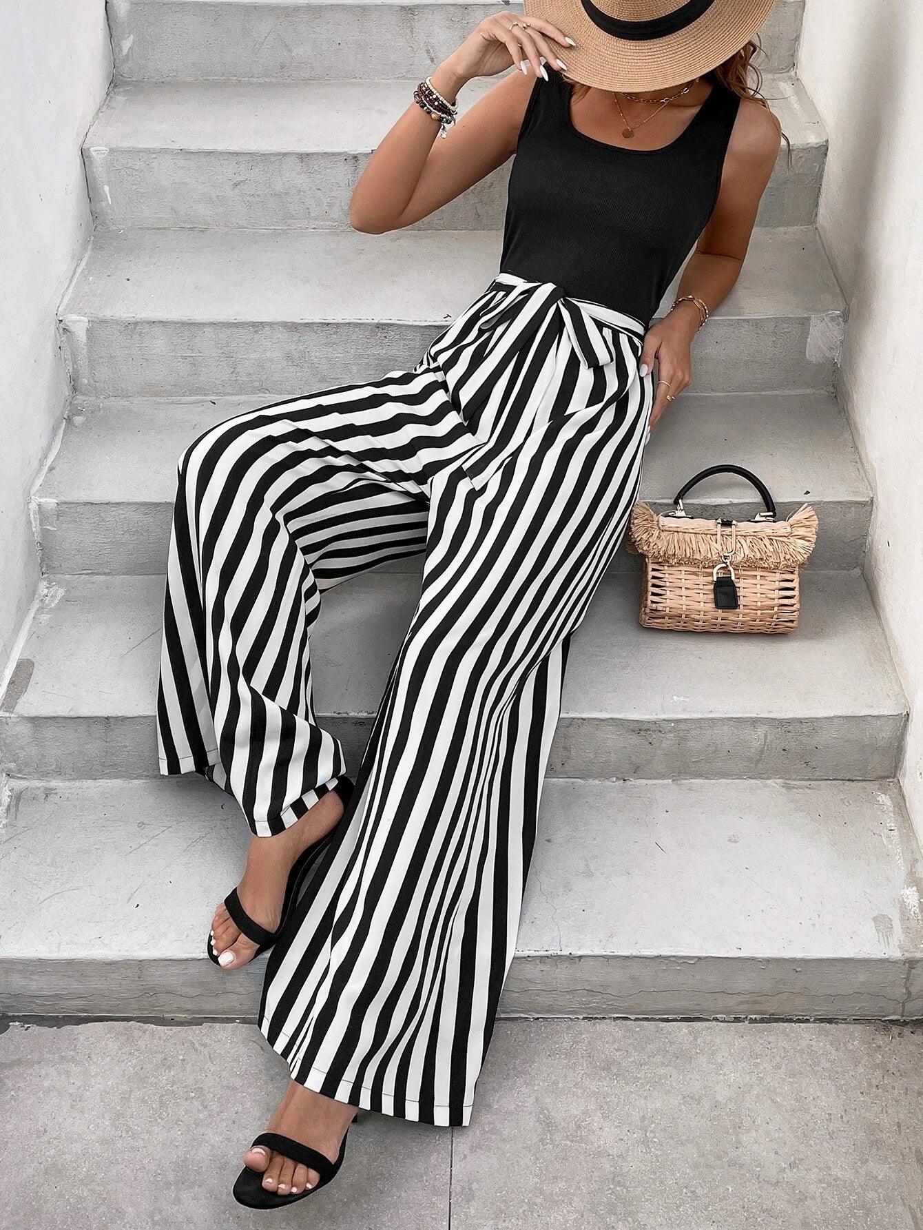 Striped Print Belted Jumpsuit-Comfy Jumpsuits
