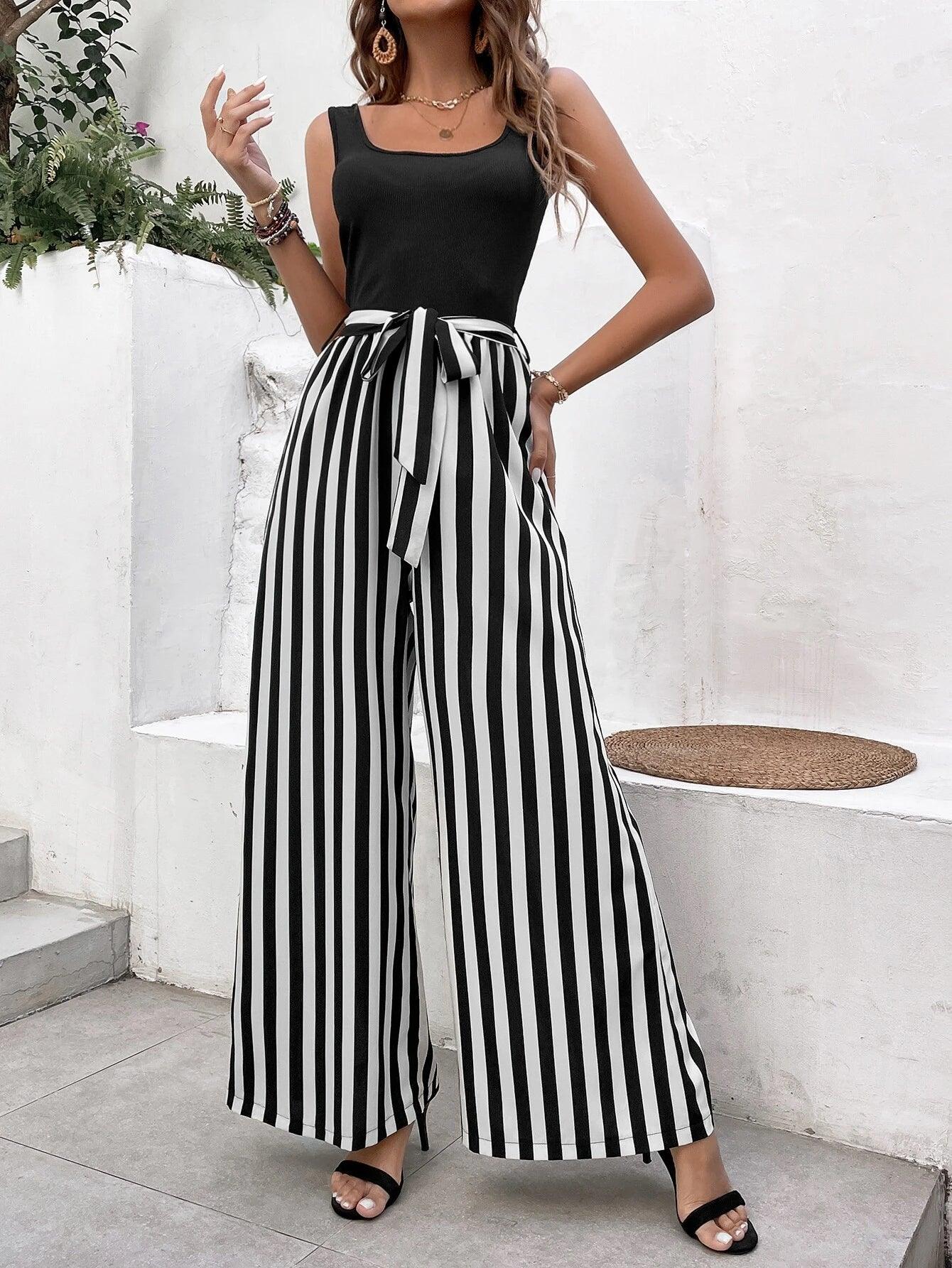 Striped Print Belted Jumpsuit-Comfy Jumpsuits