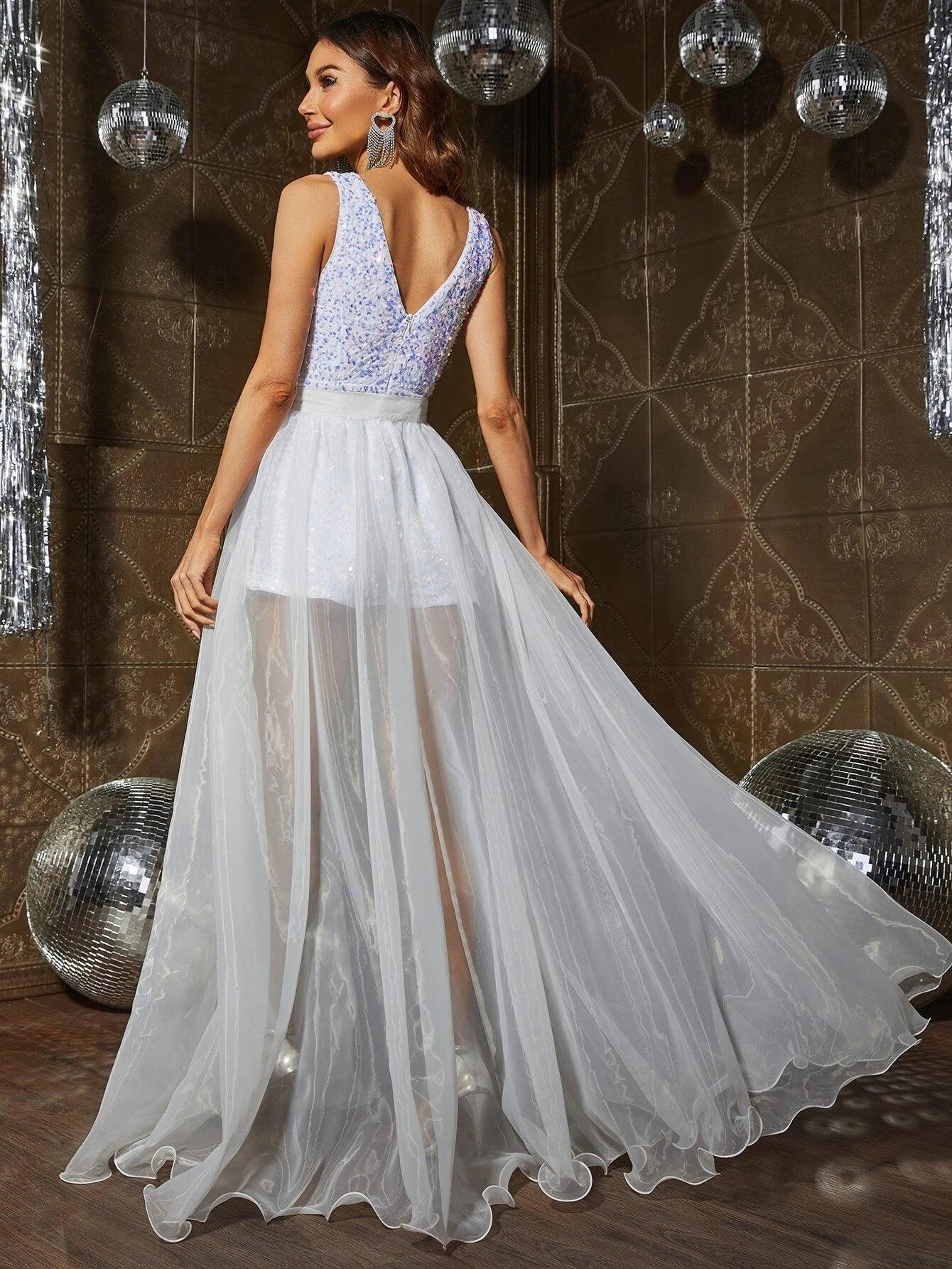 Contrast Sequin Mesh Hem Romper-Comfy Jumpsuits