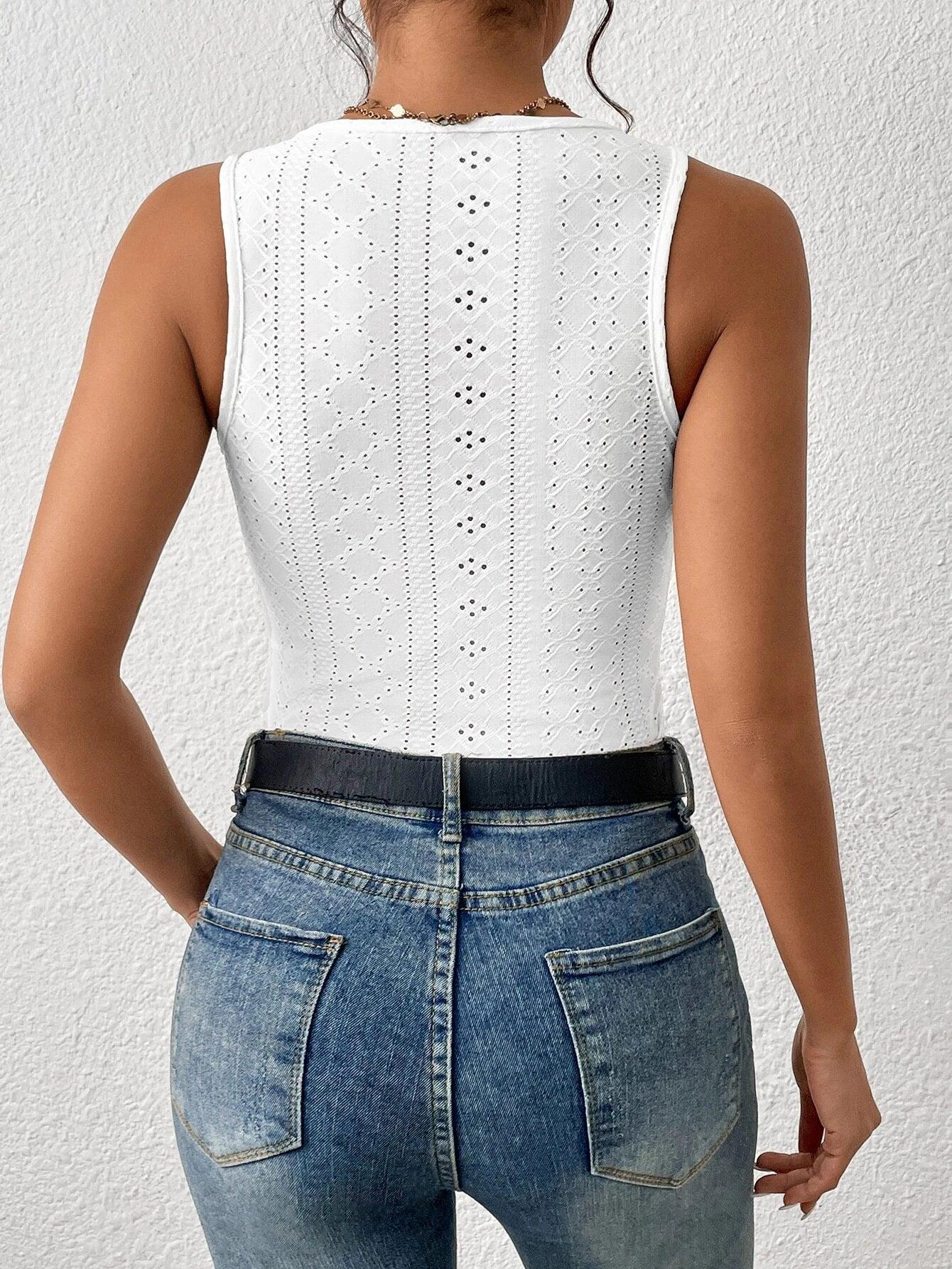 Eyelet Embroidery Tank Bodysuit-Comfy Jumpsuits