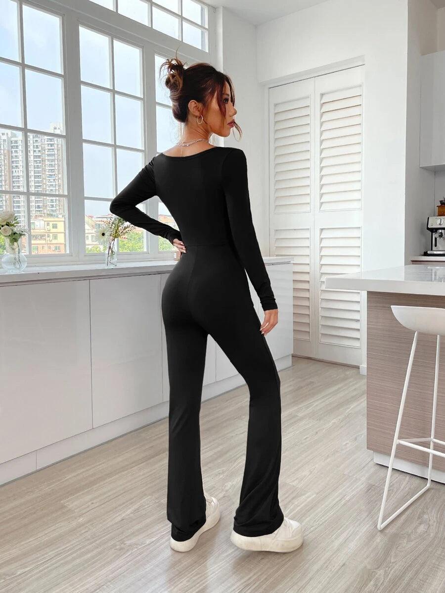 Square Neck Flare Leg Jumpsuit-Comfy Jumpsuits